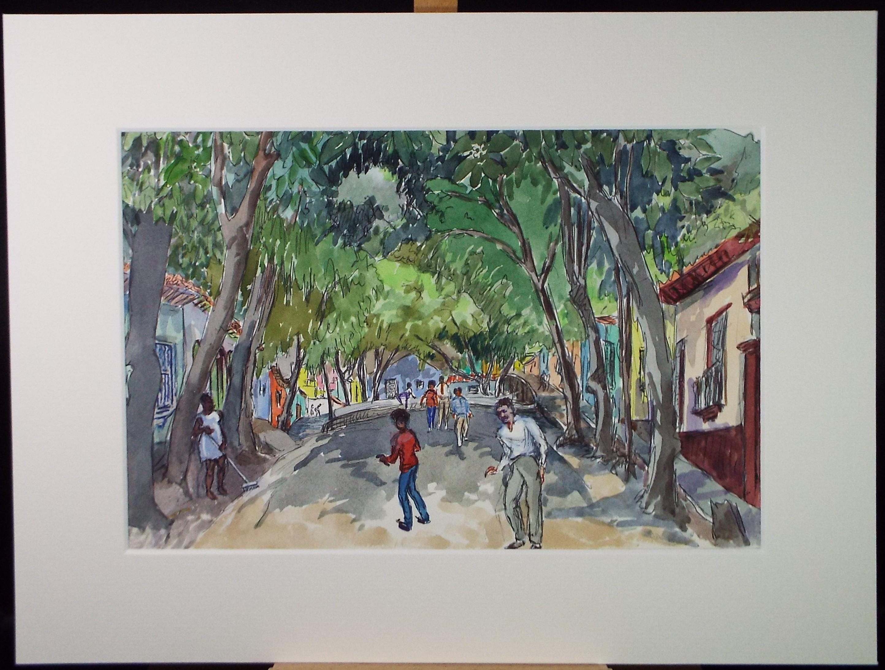 Original Watercolour, 'South American Street scene with figures', Circa 1950's, Ivy T. Attwell (1895-1985)