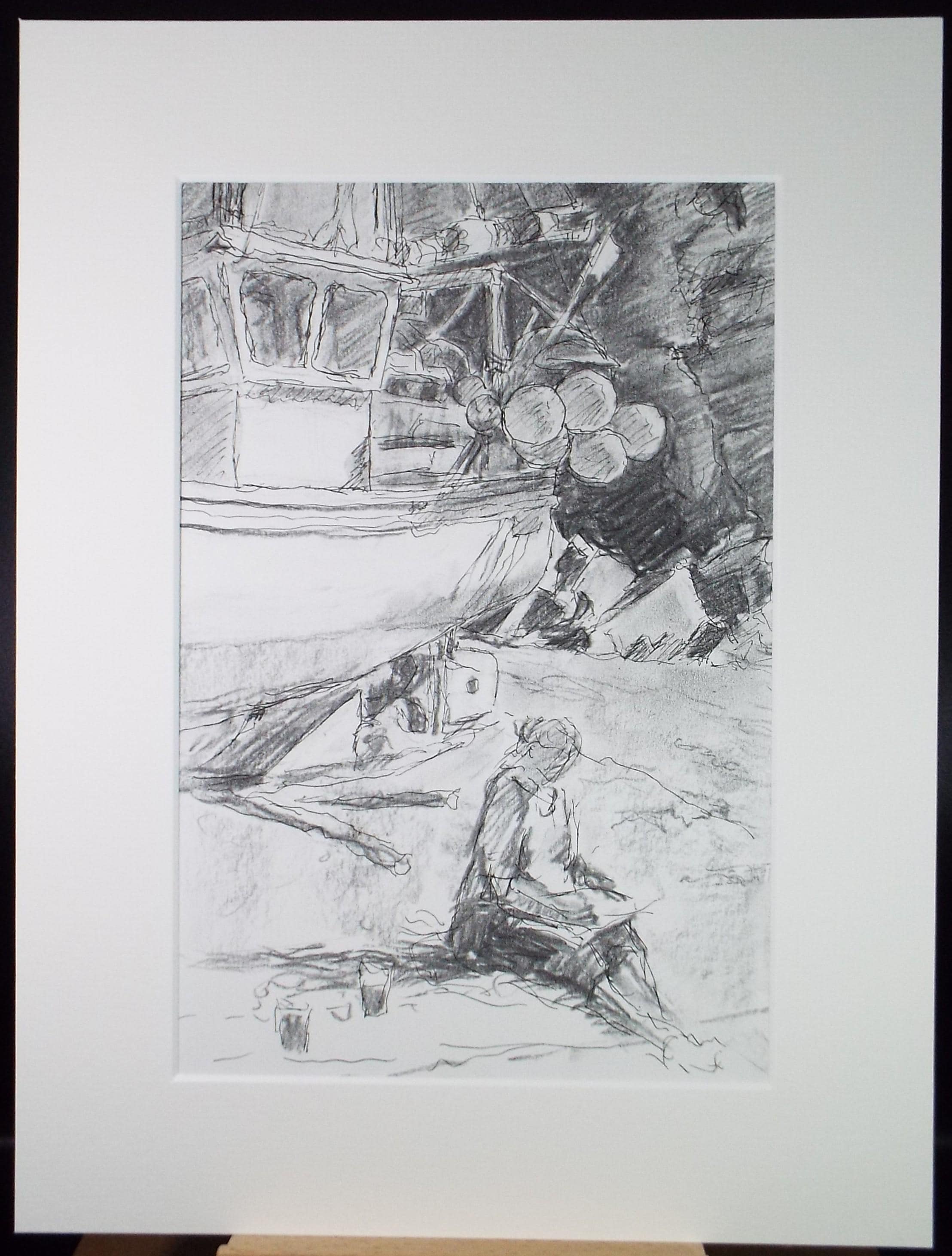 Pencil & ink drawing, 'woman with fishing boat' Drawing by Pauline Plummer, 1990s