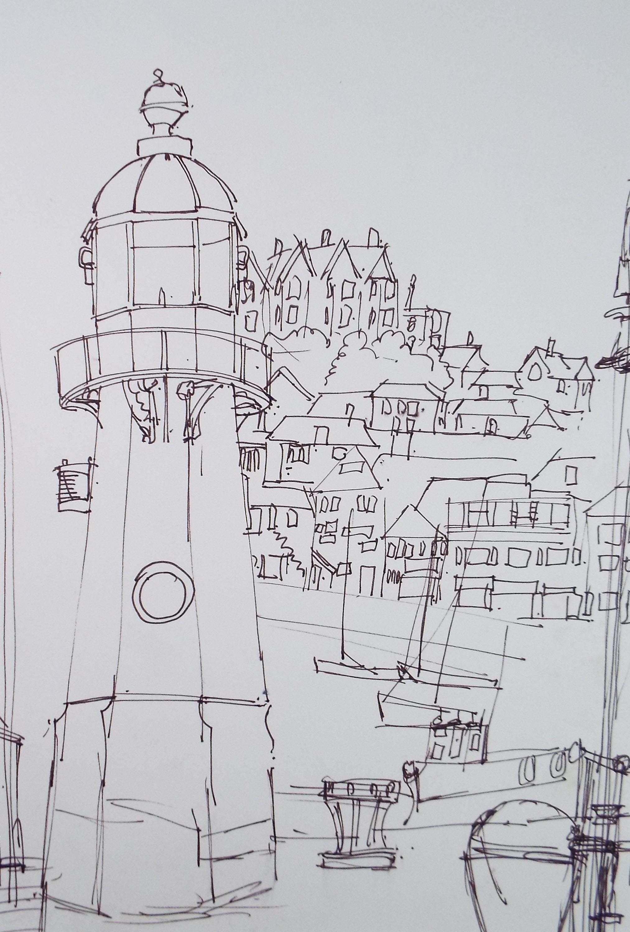 Original Pen & Ink, 'Quayside with Lighthouse', Graham Benton RBSA (1934-2022), Circa 1990's