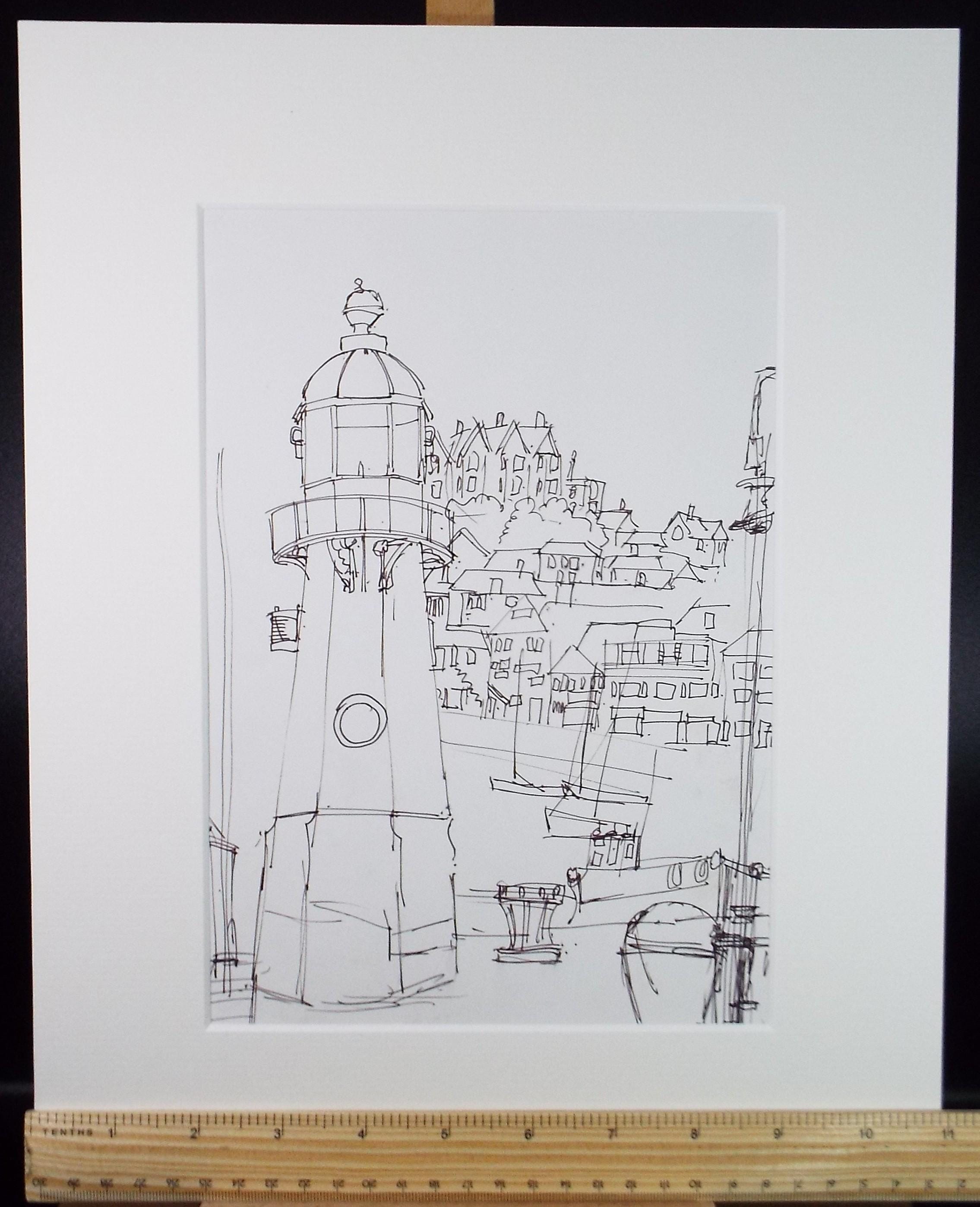 Original Pen & Ink, 'Quayside with Lighthouse', Graham Benton RBSA (1934-2022), Circa 1990's