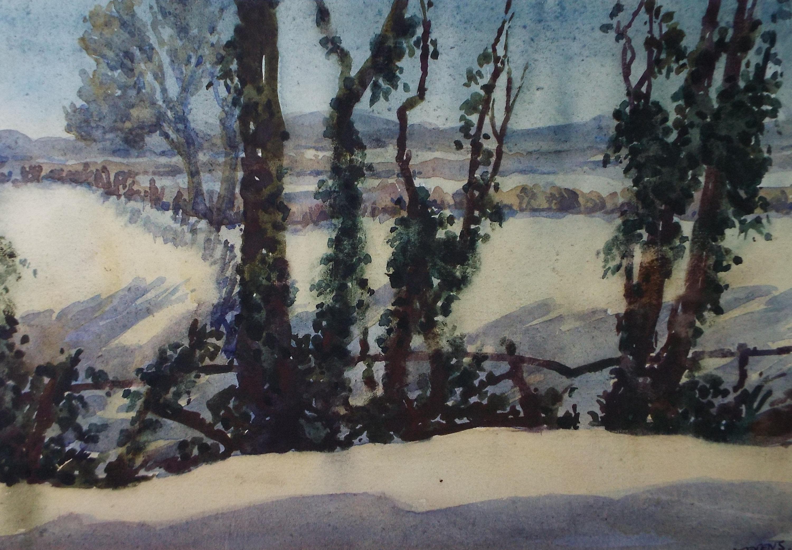 Original Watercolour, 'Sunset on the snow', Henry Potter Stevens (1875-1965) Circa 1950's