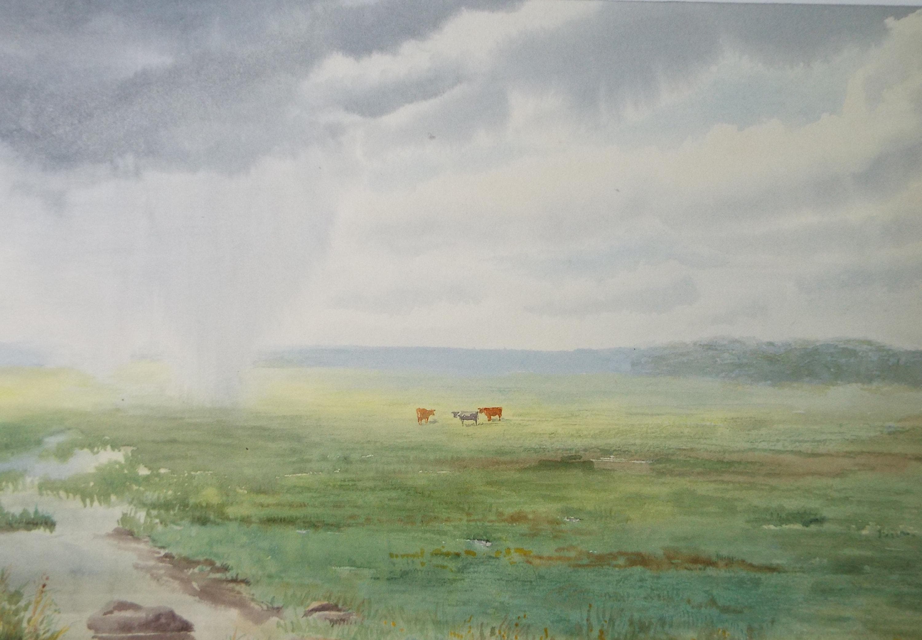 Original Watercolour, 'Rainstorm with cattle', circa 1930's, Artist Unknown