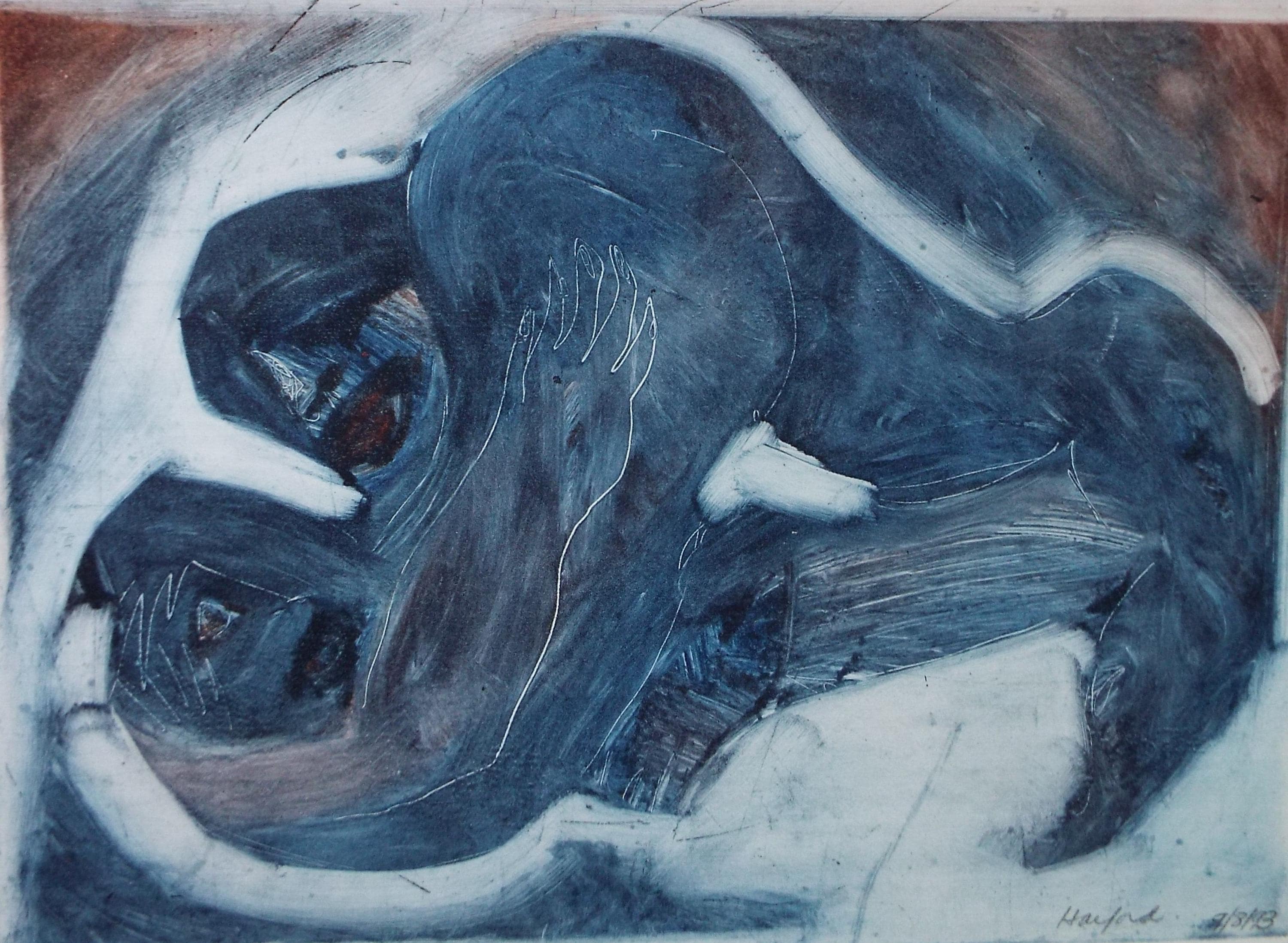 Monotype etching 'Blue Room', Diz Harford, signed and dated 1993