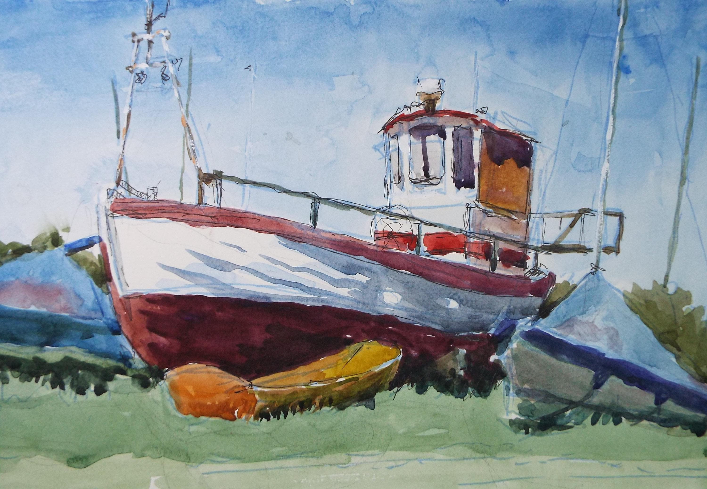 Original watercolour & Ink, 'fishing boat' Painting by Pauline Plummer (b1933), 1990s