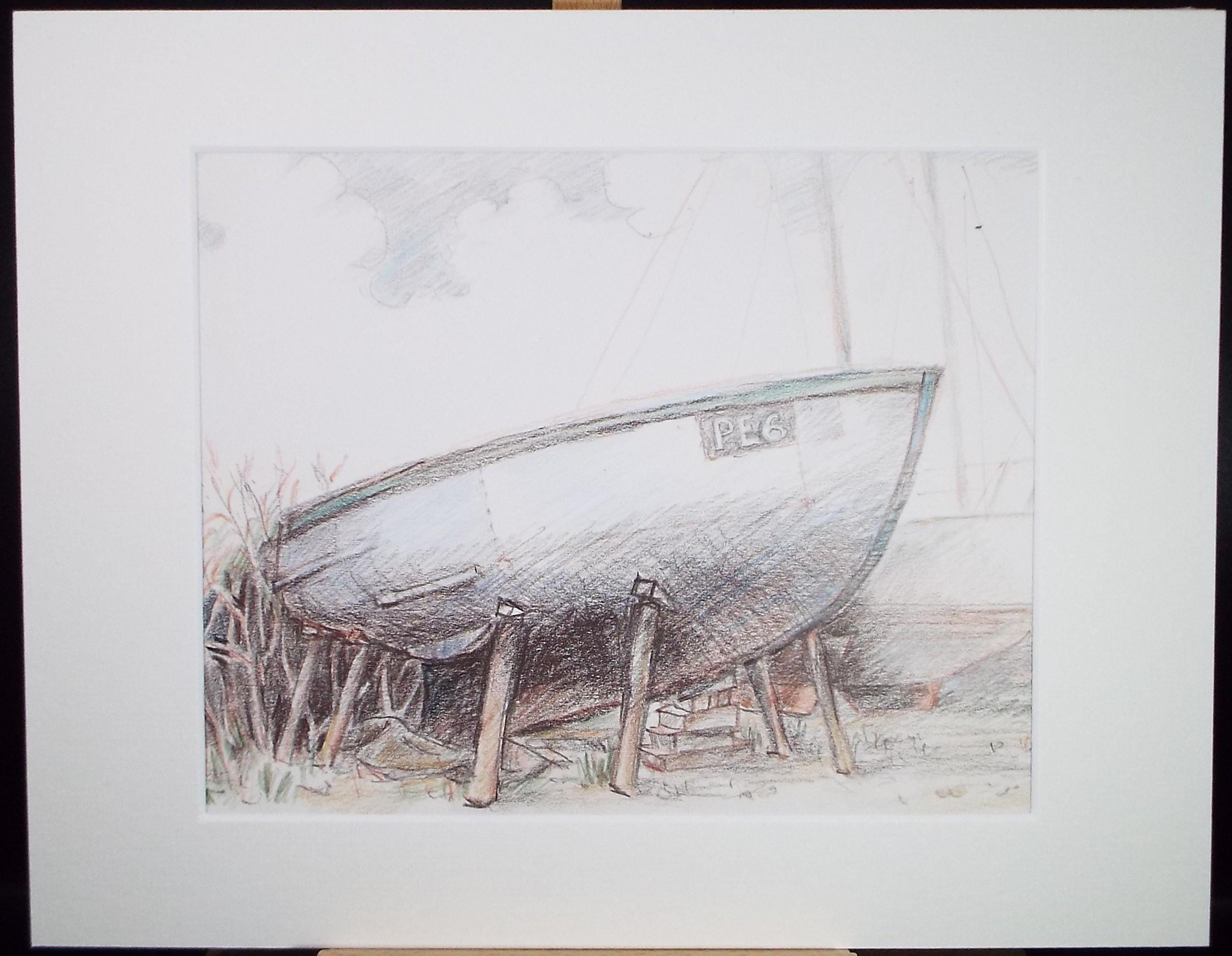 Original pencil drawing, 'Boat in the Yard', Circa 1990's