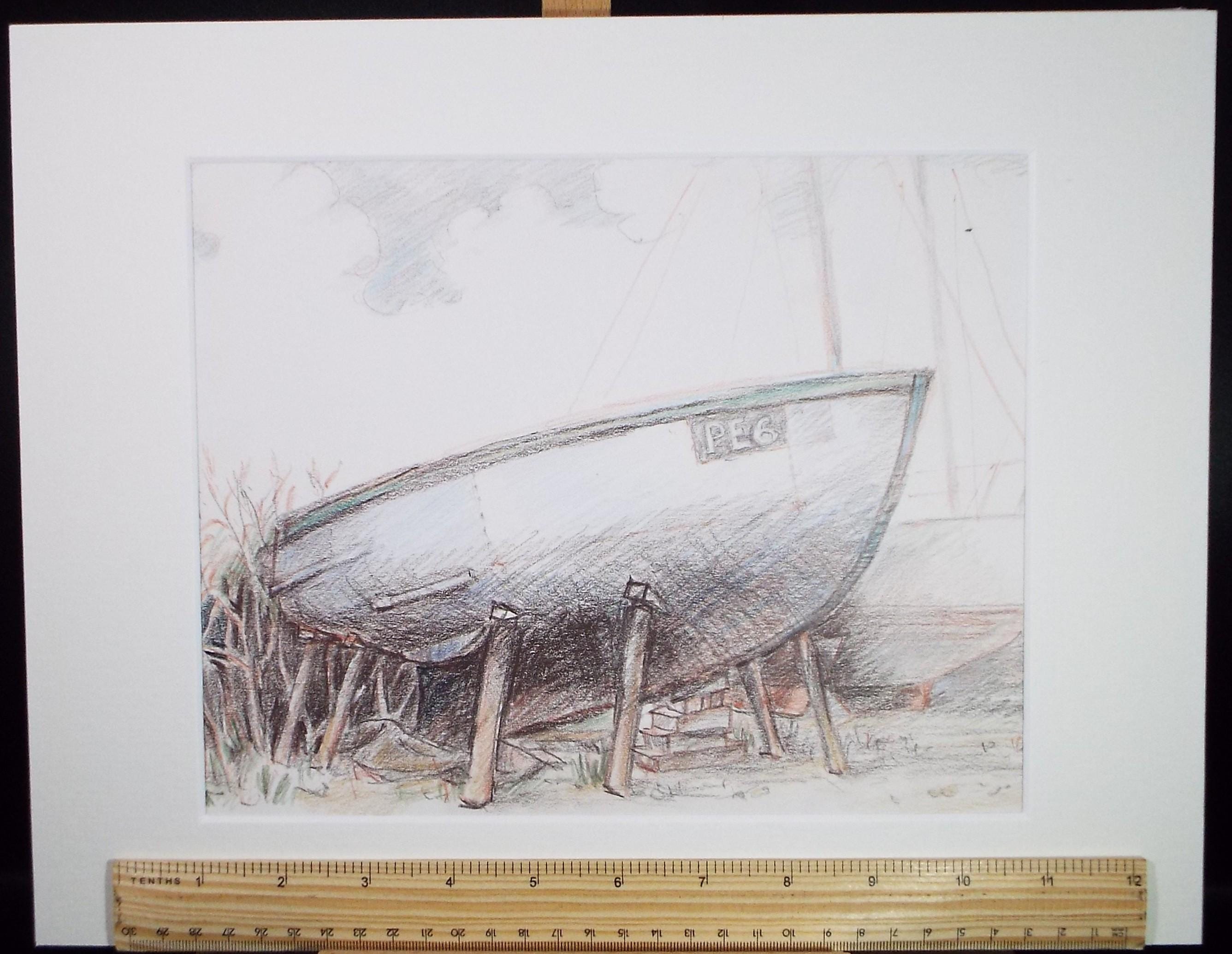 Original pencil drawing, 'Boat in the Yard', Circa 1990's