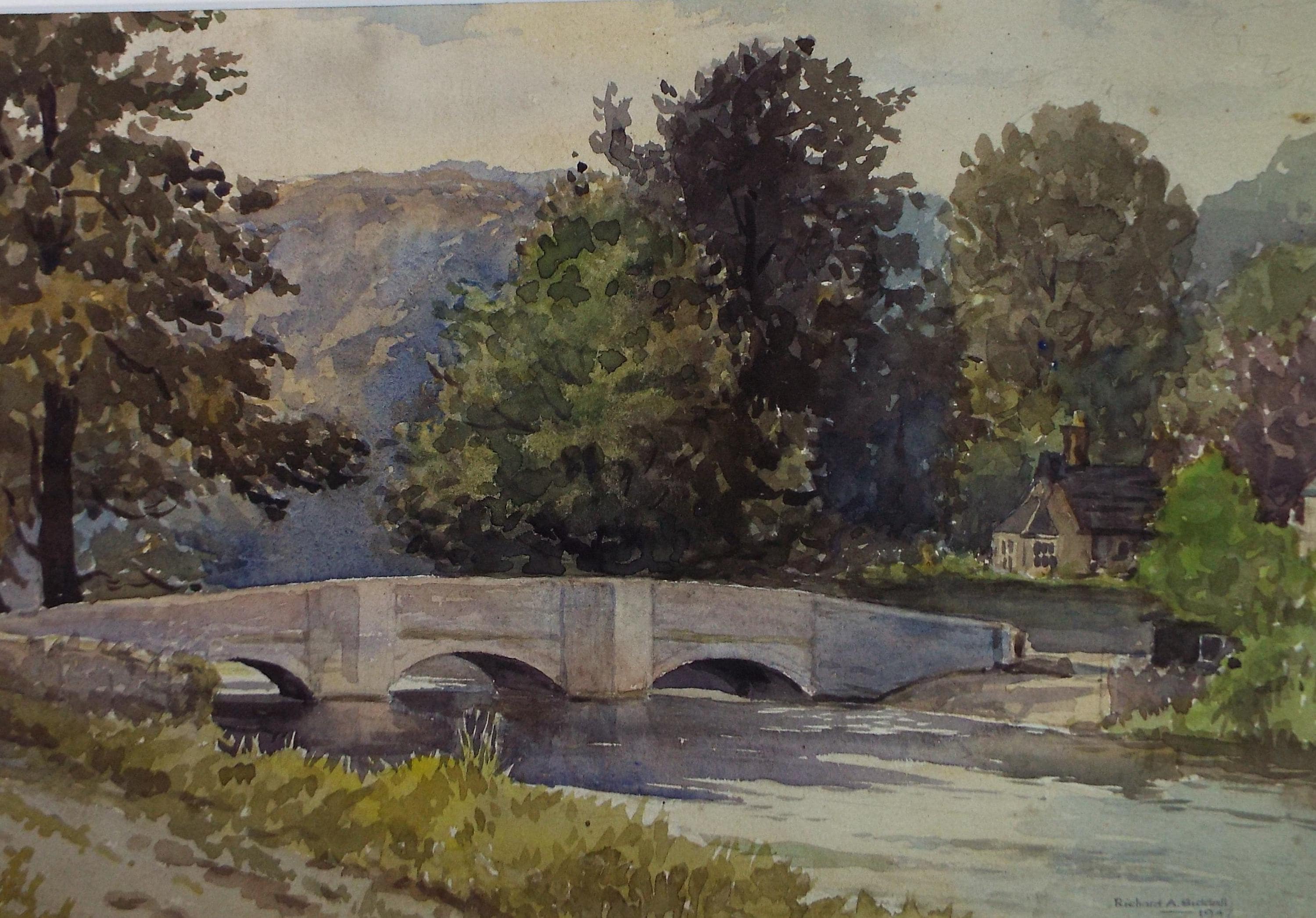 Original Watercolour, 'Stone Bridge over the River', Richard A Siddall, Dated 1947