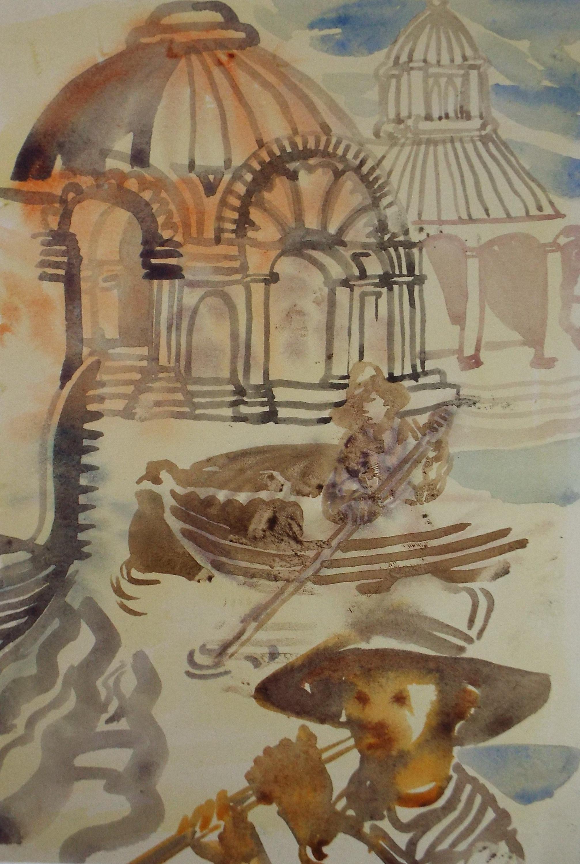 Original Watercolour, 'Figures & Temples', Circa 1950's, William D Clyne (1922-1981)