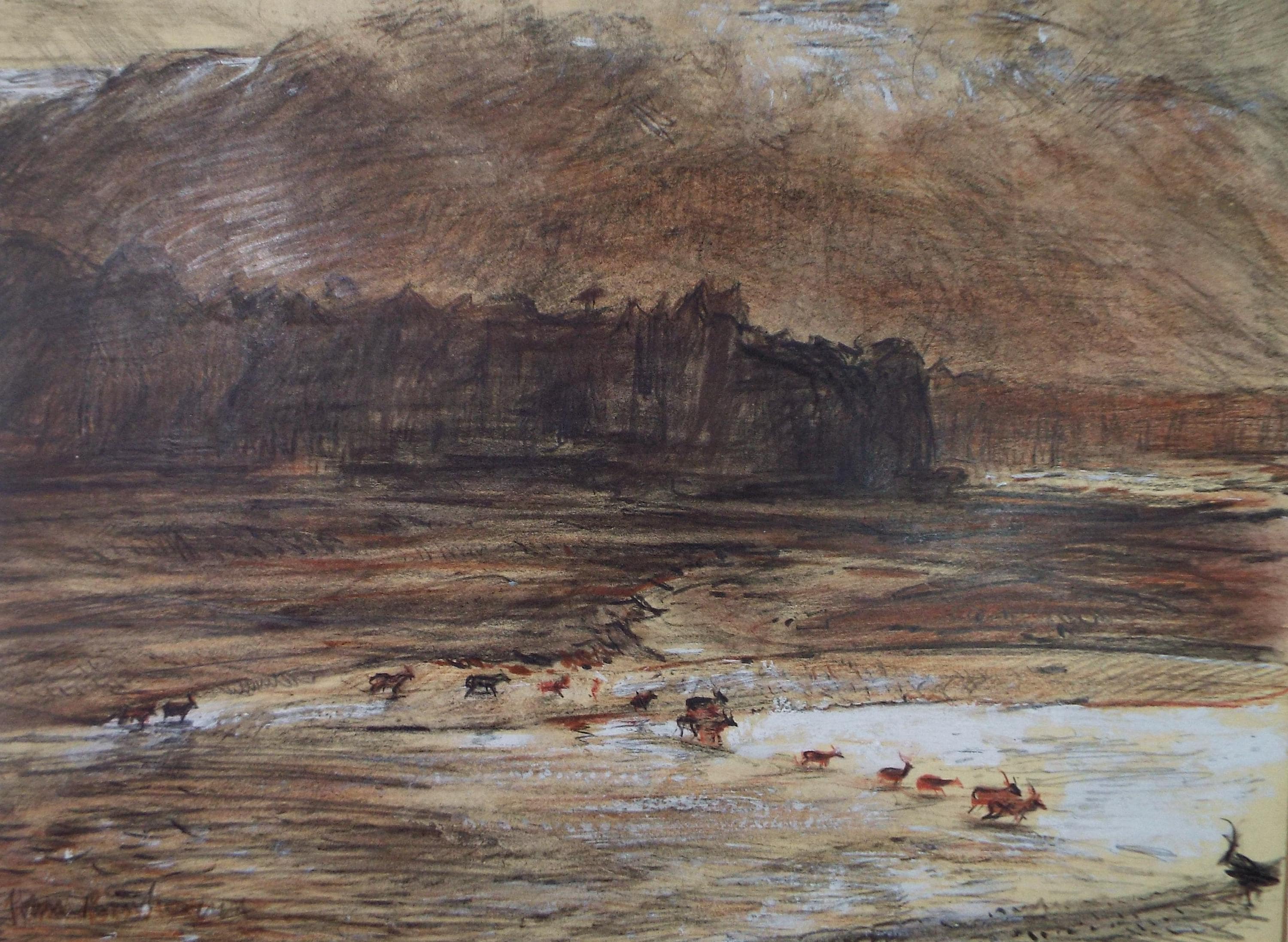 Original Pencil Drawing, 'Deer crossing the river Feshie', John Gilbey Bowles (1929-2011), Dated 1996