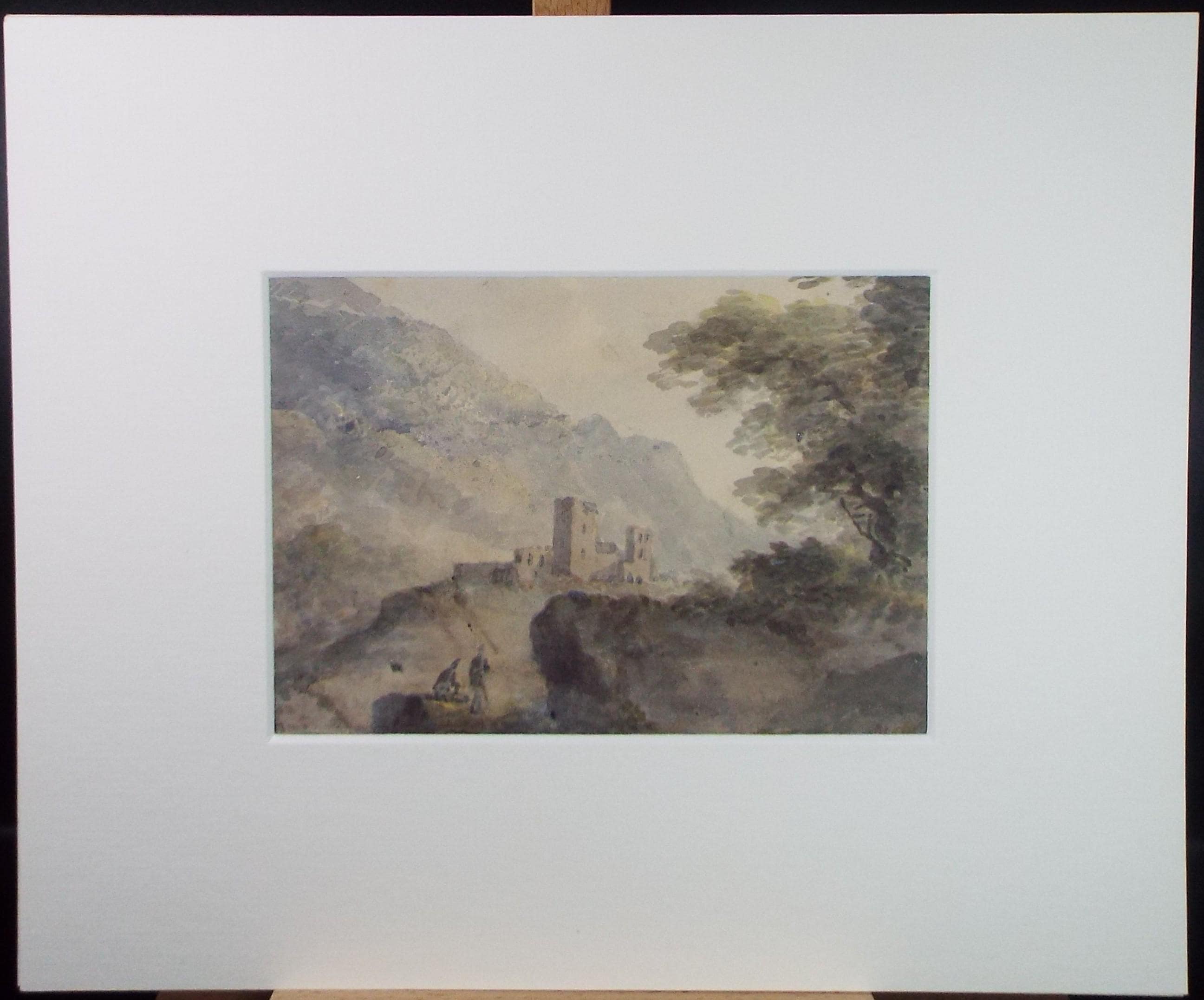 Original Watercolour, 'Castle in the mountains with figures', Unknown Artist - Late 19th Century