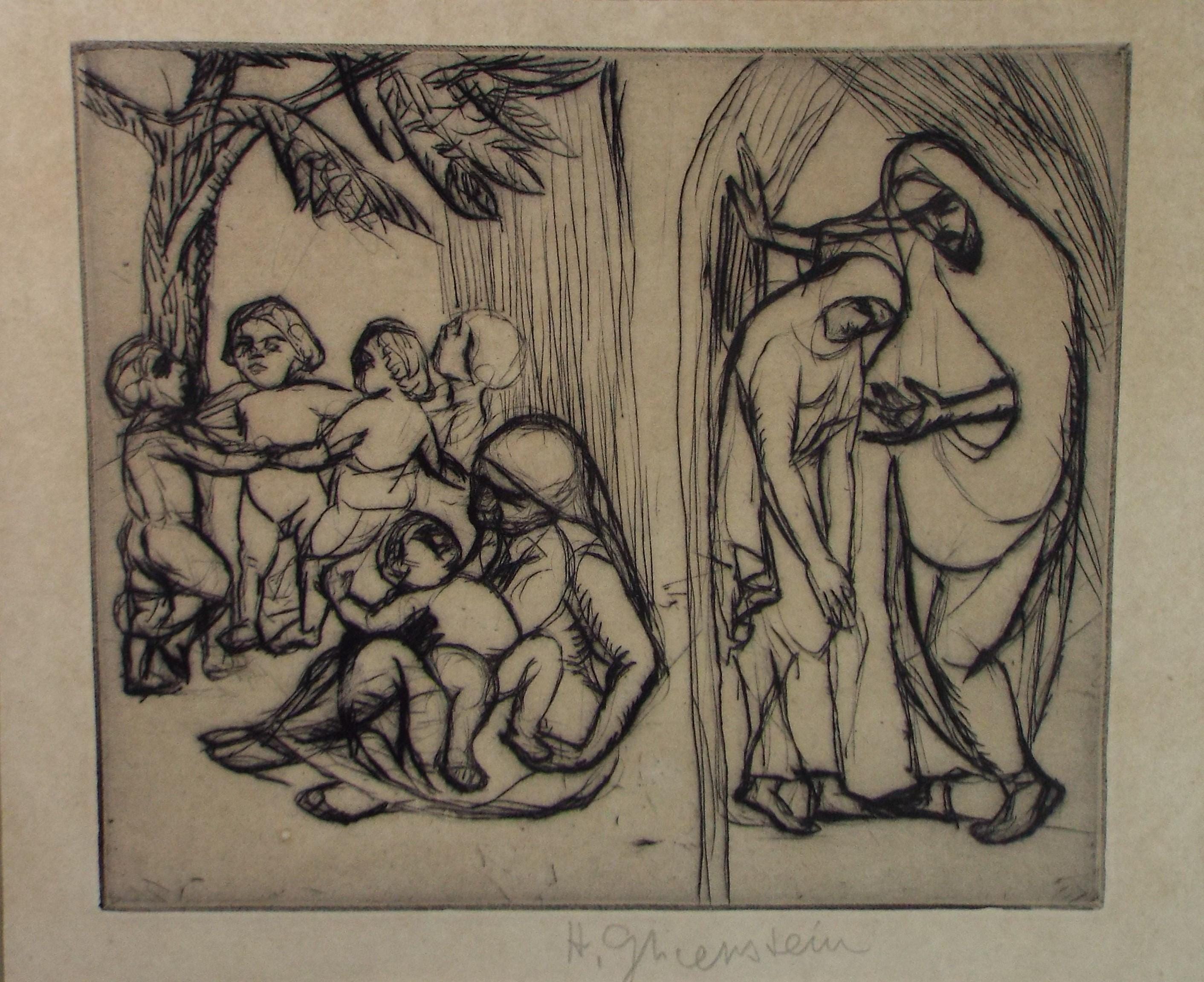 Etching, 'Hannah & Penina', Enoch-Henryk Enrico Glienstein (1870-1942), Circa 1920's, Signed