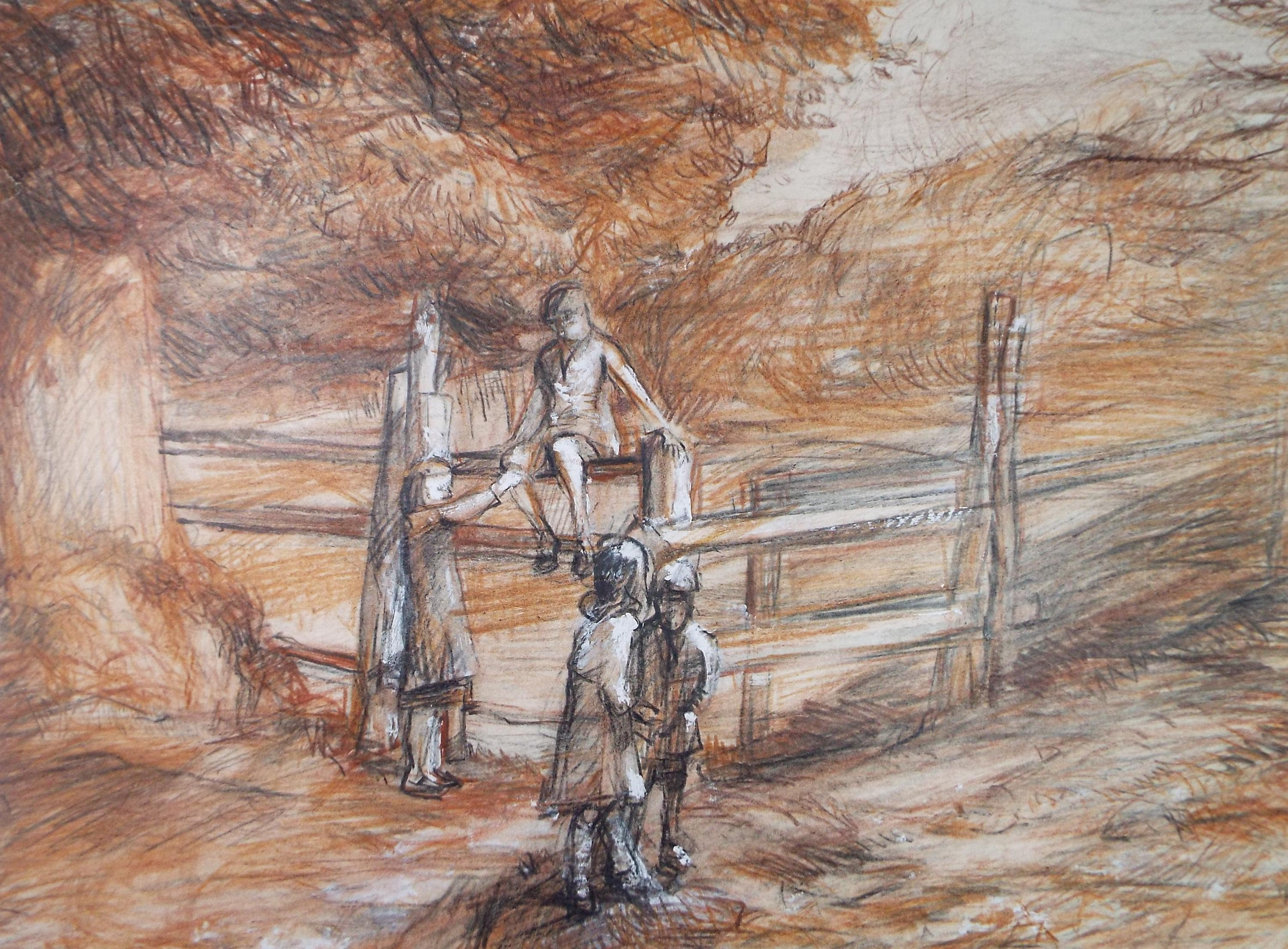 Original Pencil Drawing, 'Children Climbing a Stile', John Gilbey Bowles (1929-2011), Dated 1996