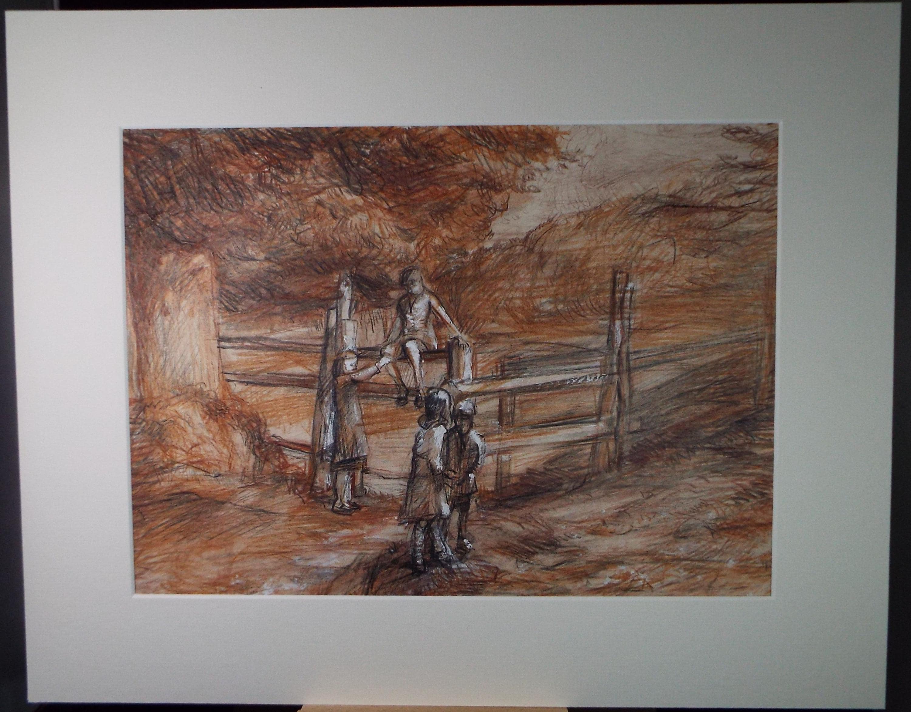 Original Pencil Drawing, 'Children Climbing a Stile', John Gilbey Bowles (1929-2011), Dated 1996
