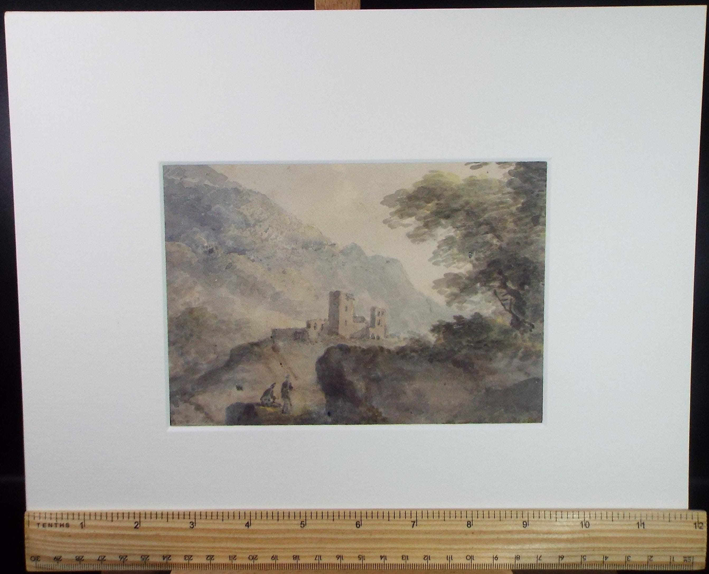 Original Watercolour, 'Castle in the mountains with figures', Unknown Artist - Late 19th Century