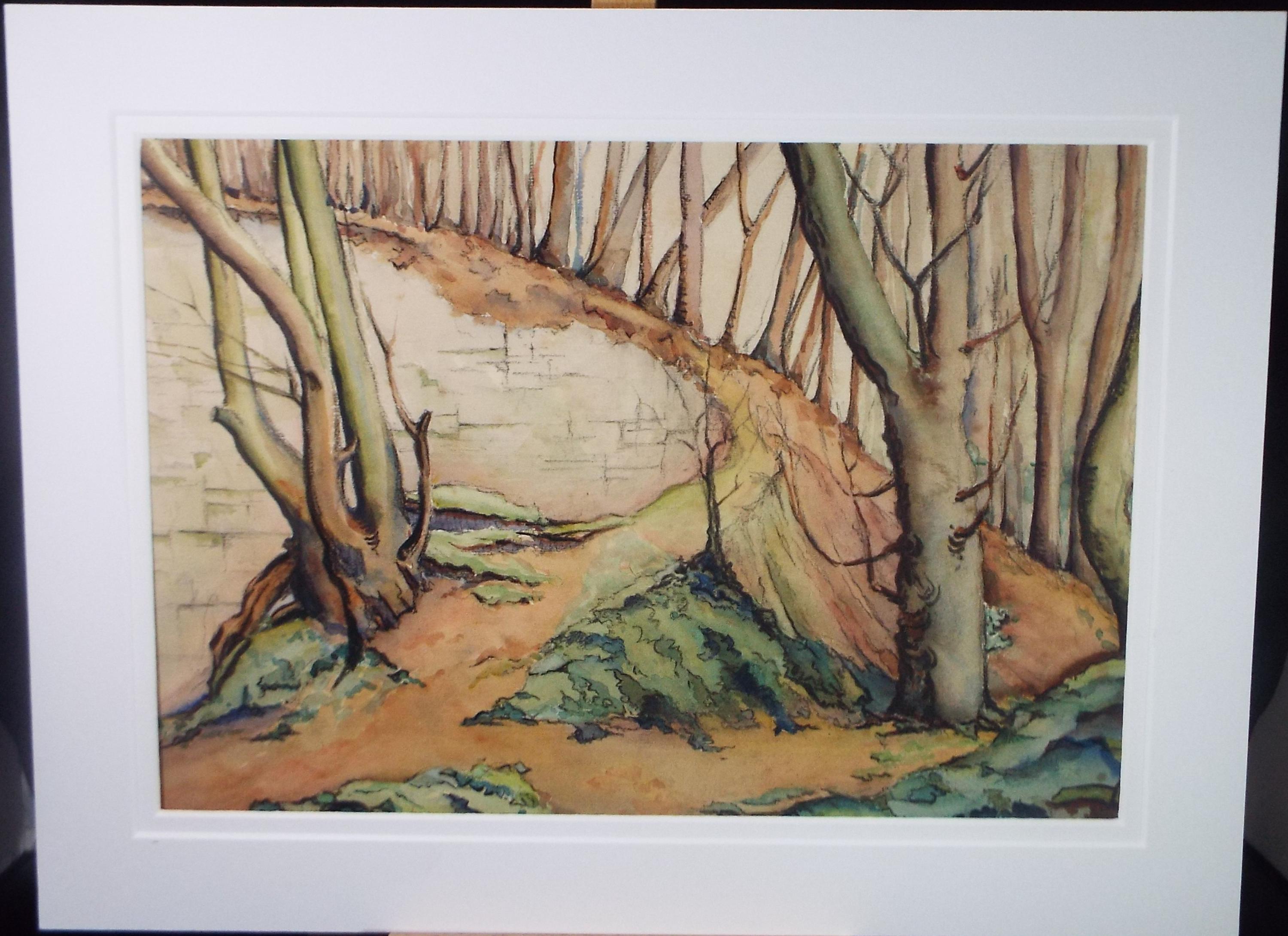 Original Charcoal & Watercolour, 'Stone outcrop with trees', Circa 1930's , Frank Harold Read FRPS (1881-1960)