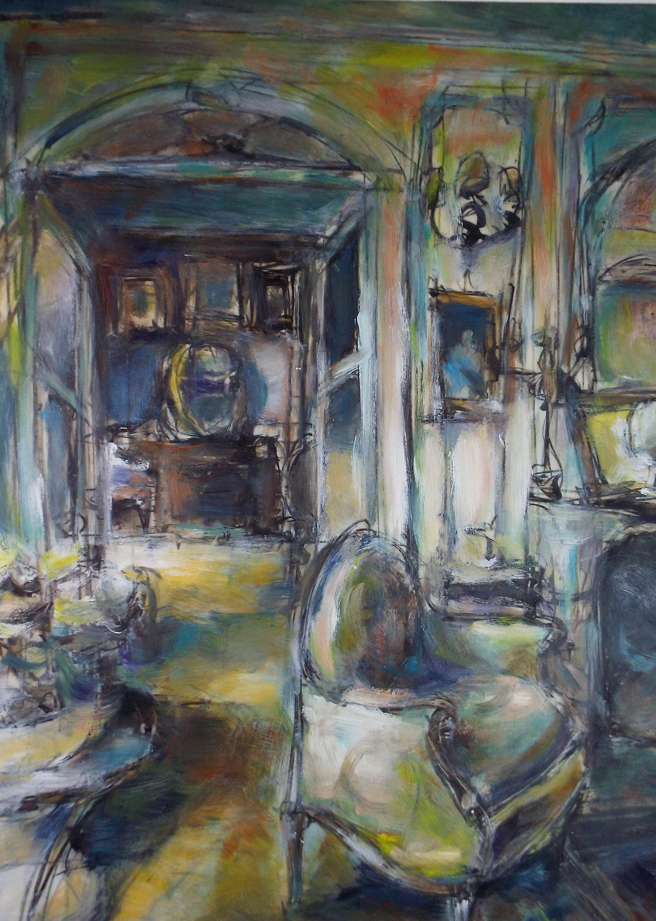 Original Gouache 'Salon Interior', Circa 1980's, Unknown Artist