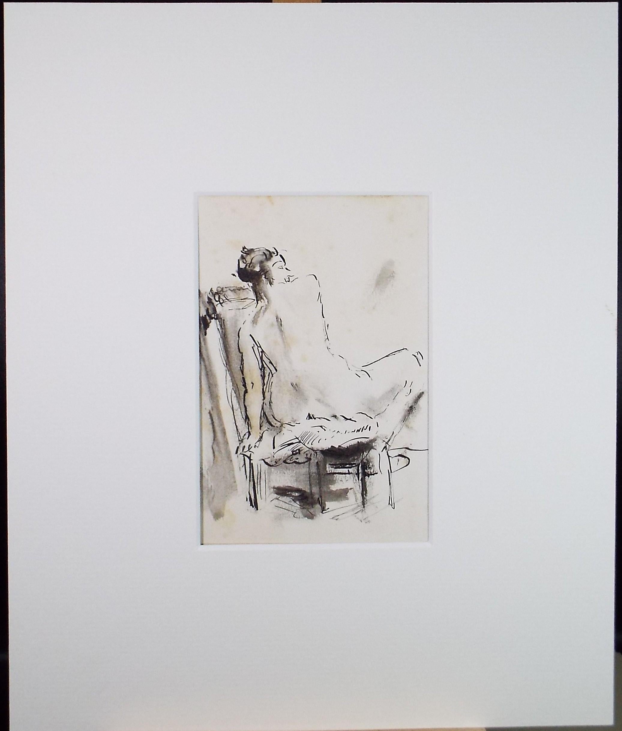 Original Ink & wash Drawing, 'Portrait of a Seated Nude', c1970s, Artist Unknown