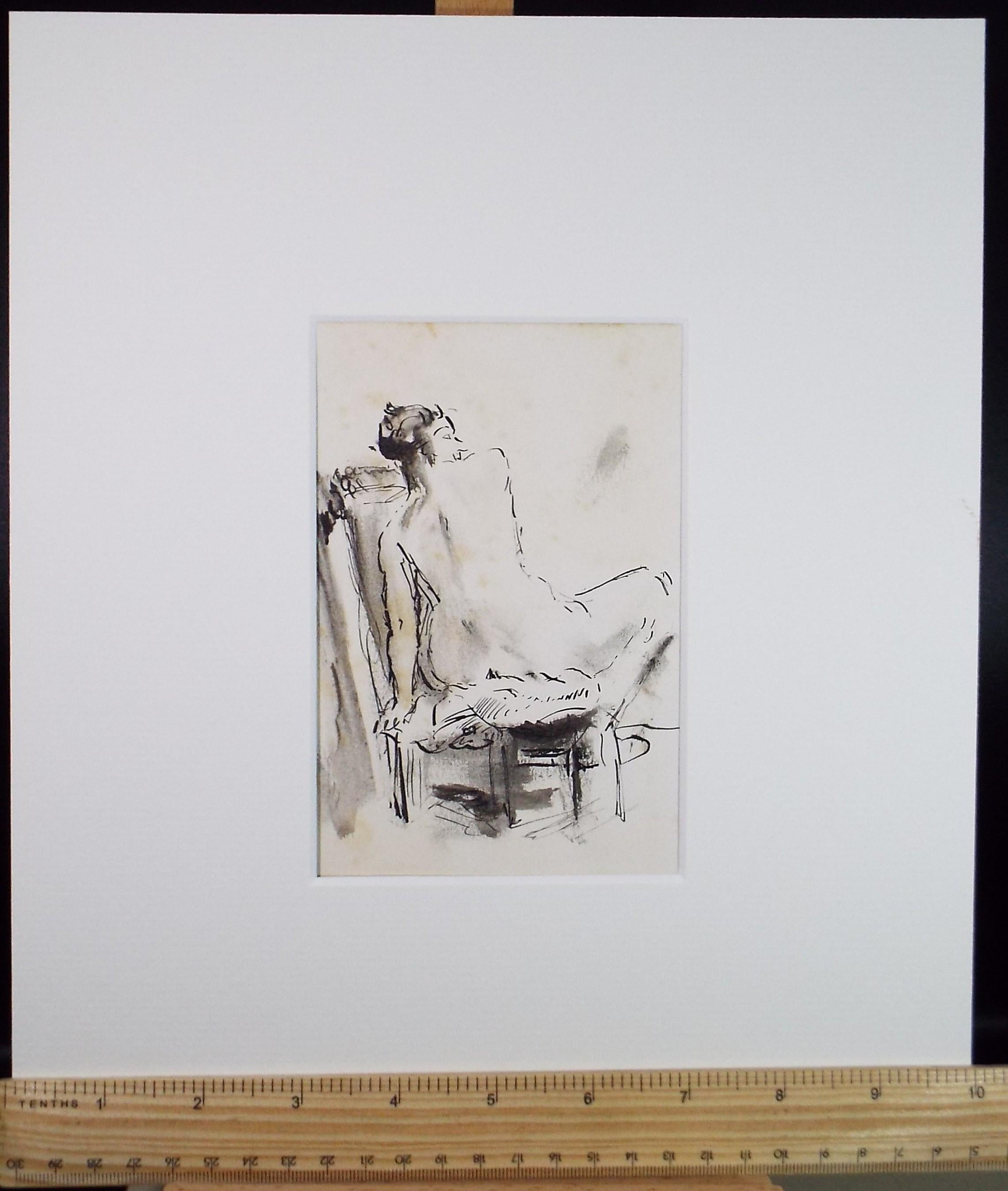Original Ink & wash Drawing, 'Portrait of a Seated Nude', c1970s, Artist Unknown