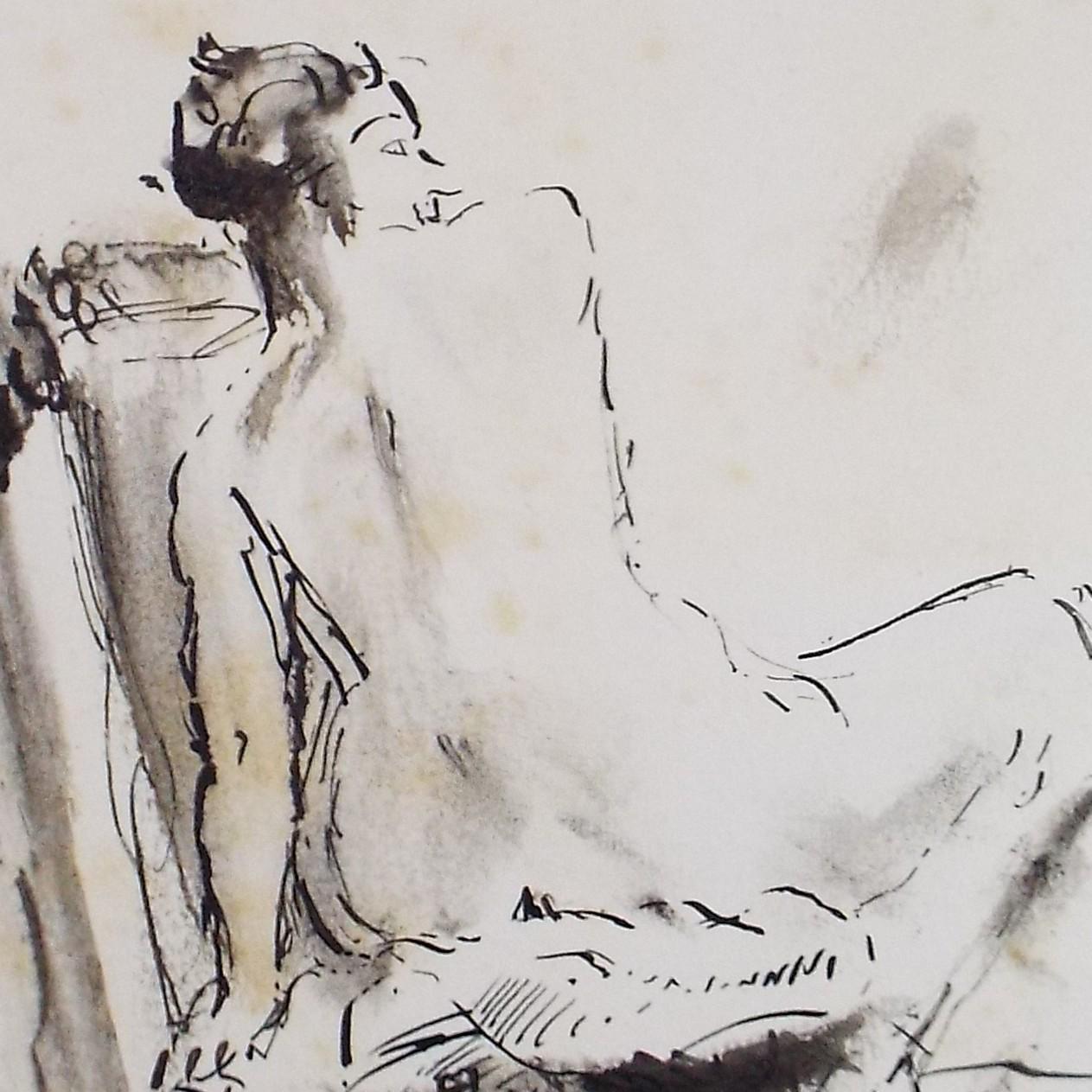 Original Ink & wash Drawing, 'Portrait of a Seated Nude', c1970s, Artist Unknown