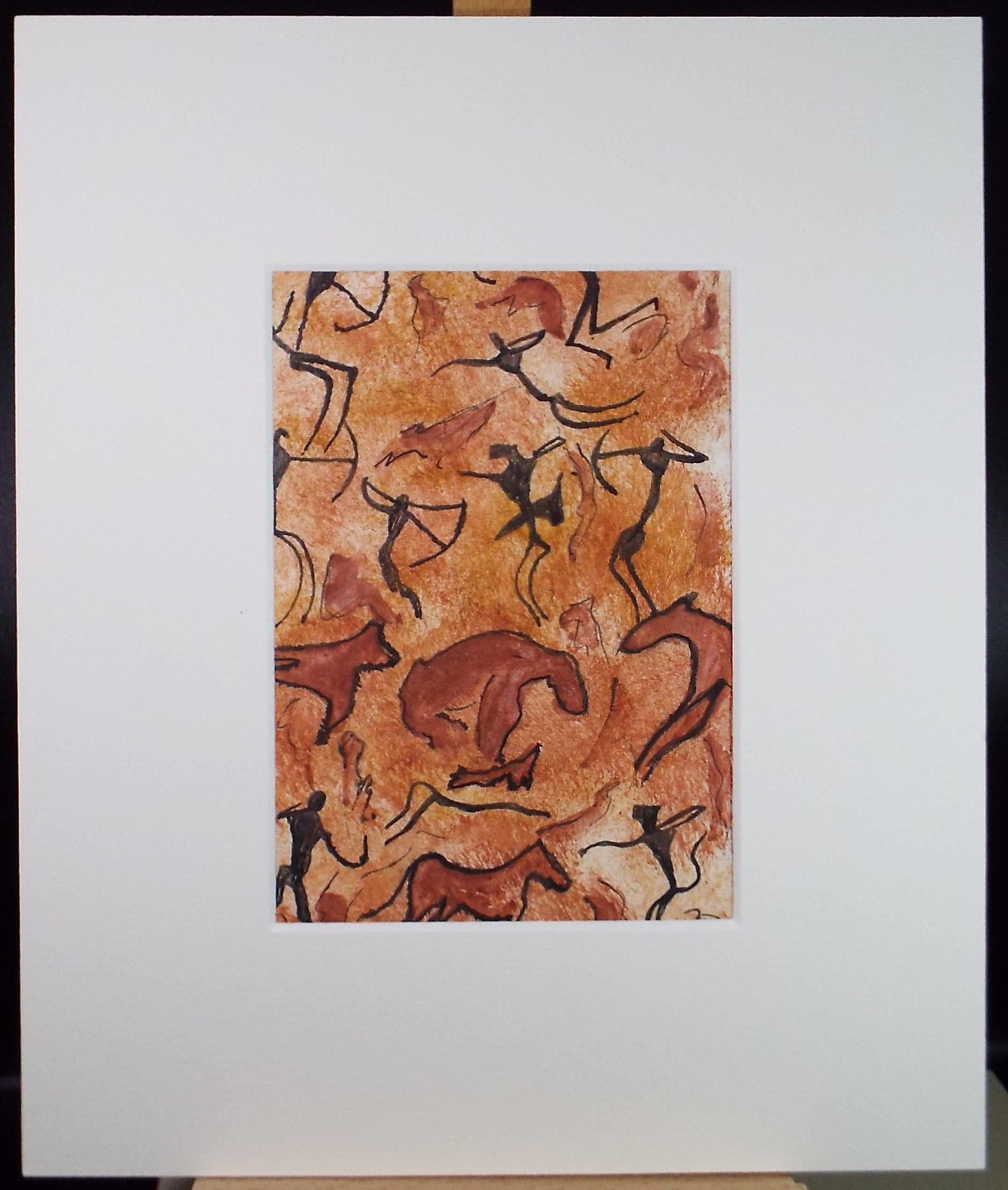 Original Watercolour, 'Cave style painting with animals and figures', Ken Stewart (1926-1991), circa 1960's
