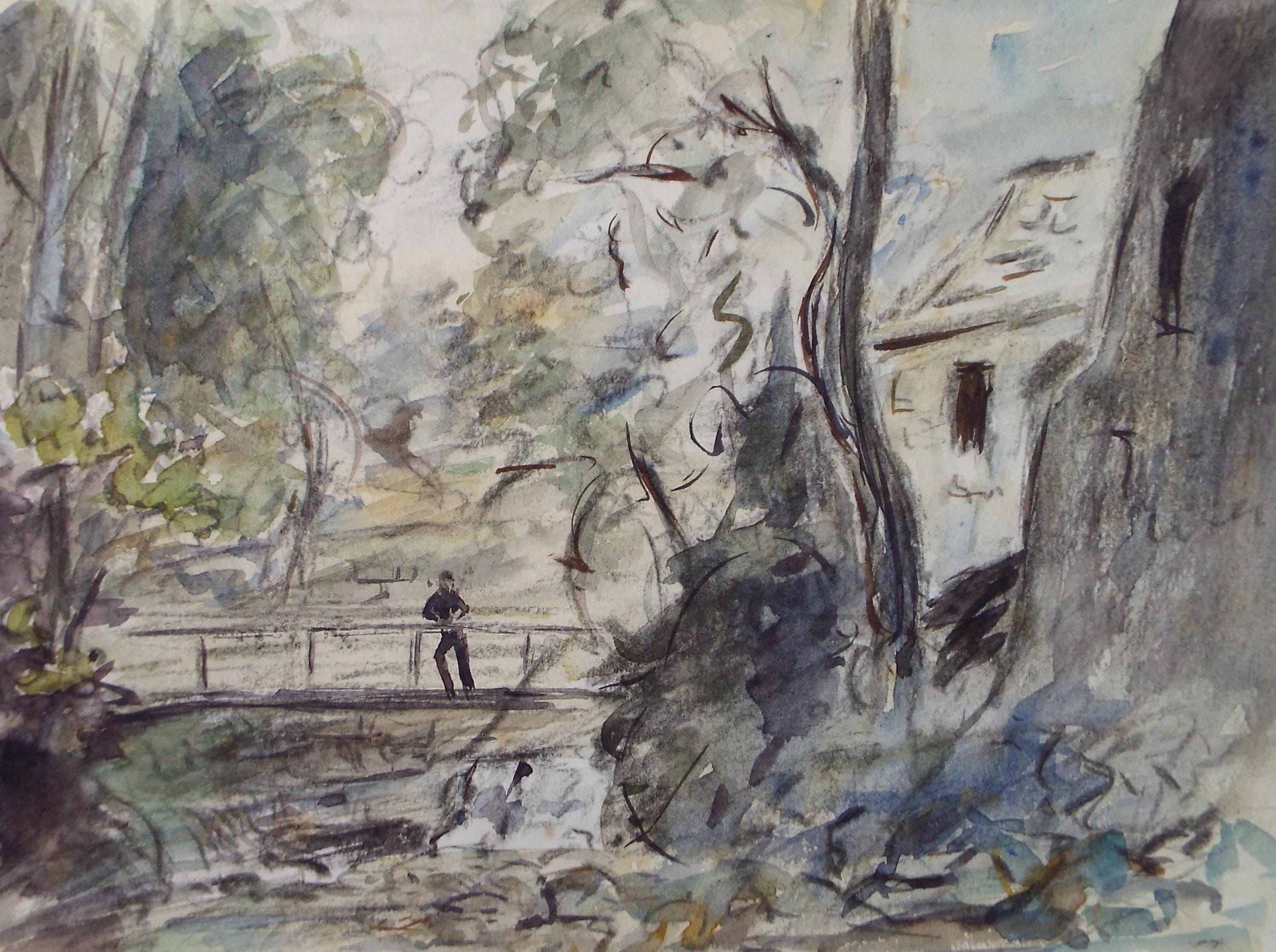 Original Watercolour , 'Figure on a Bridge', Circa 1970's , Geoffrey Burrows (1934-2023)