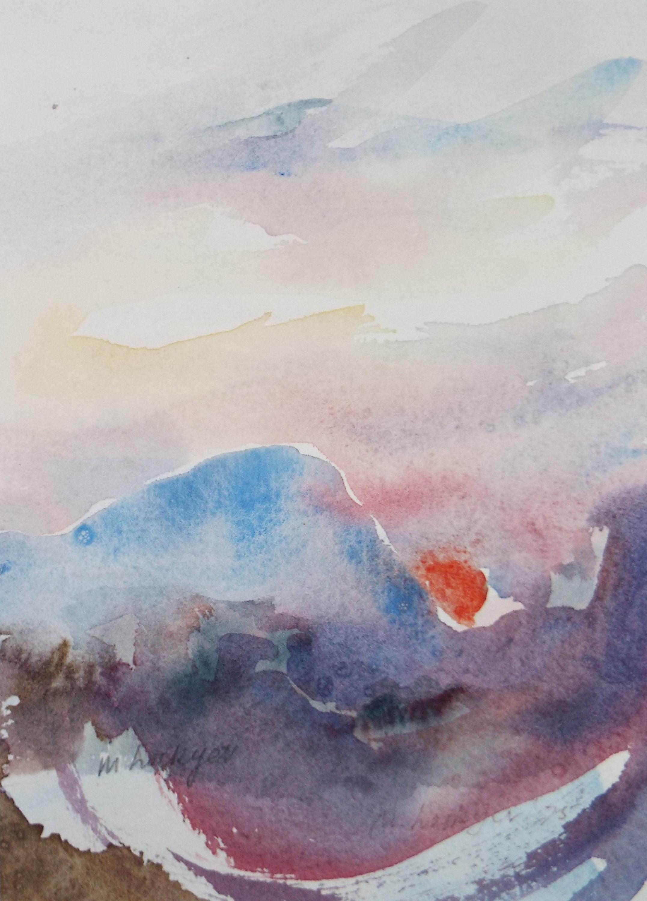 Original Watercolour on Paper, 'Red Sunset', Circa 1970's, Mildred Lockyer