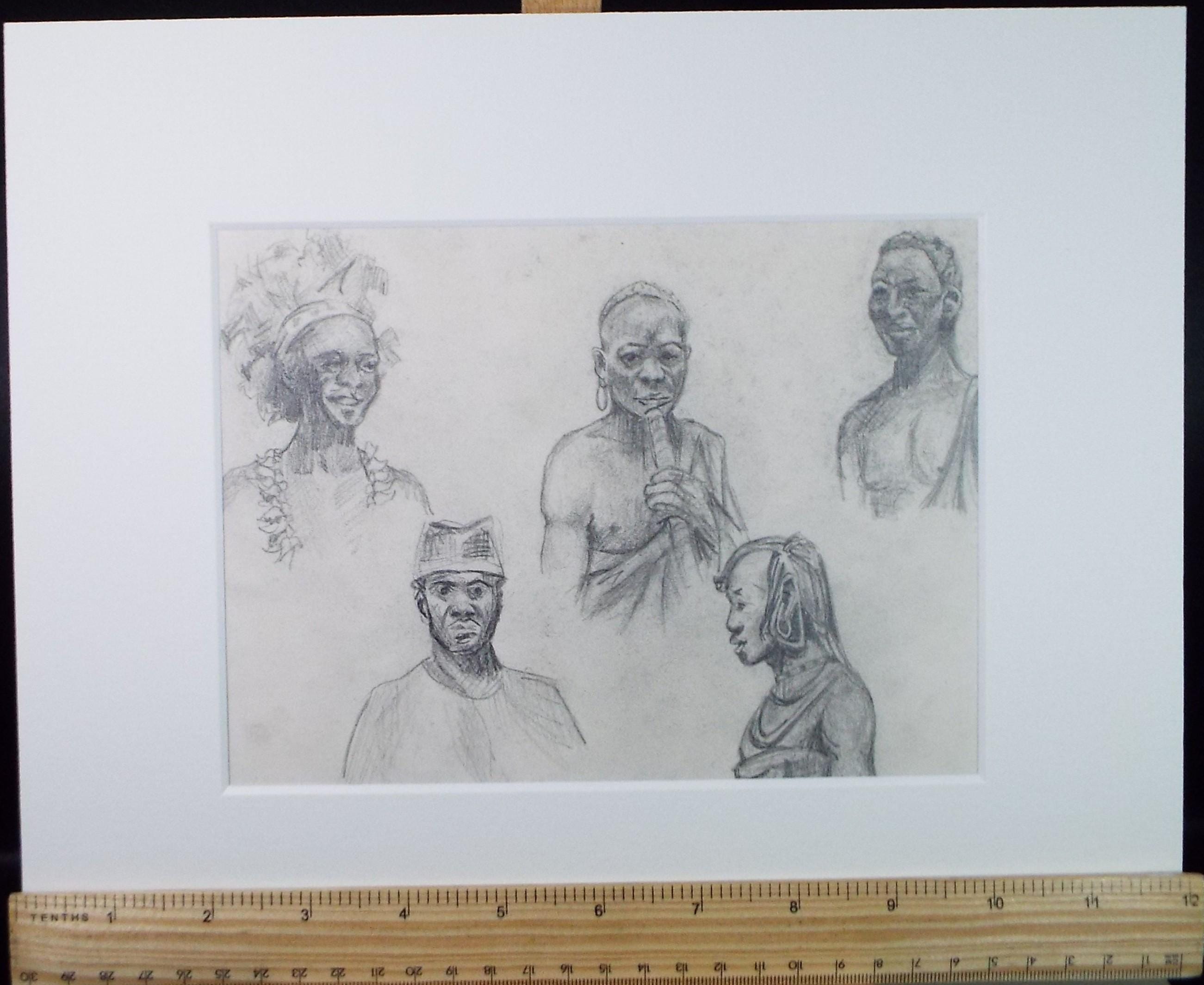 Original Pencil Sketch,'Portraits of African Tribal Figures', Unknown Artist, Circa 1970's
