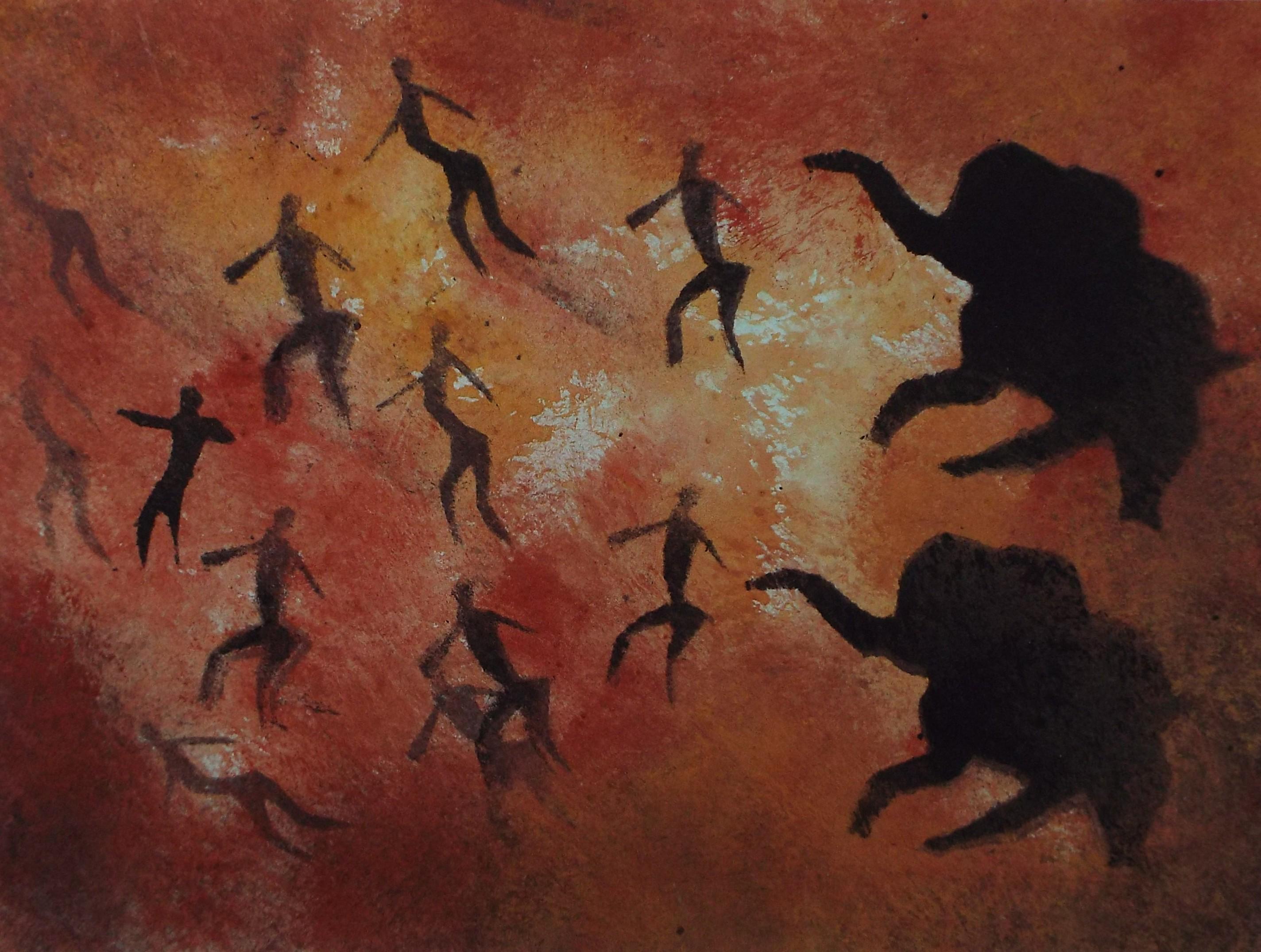 Original Watercolour, 'Cave style painting with Mammoth and figures', Ken Stewart (1926-1991), circa 1960's