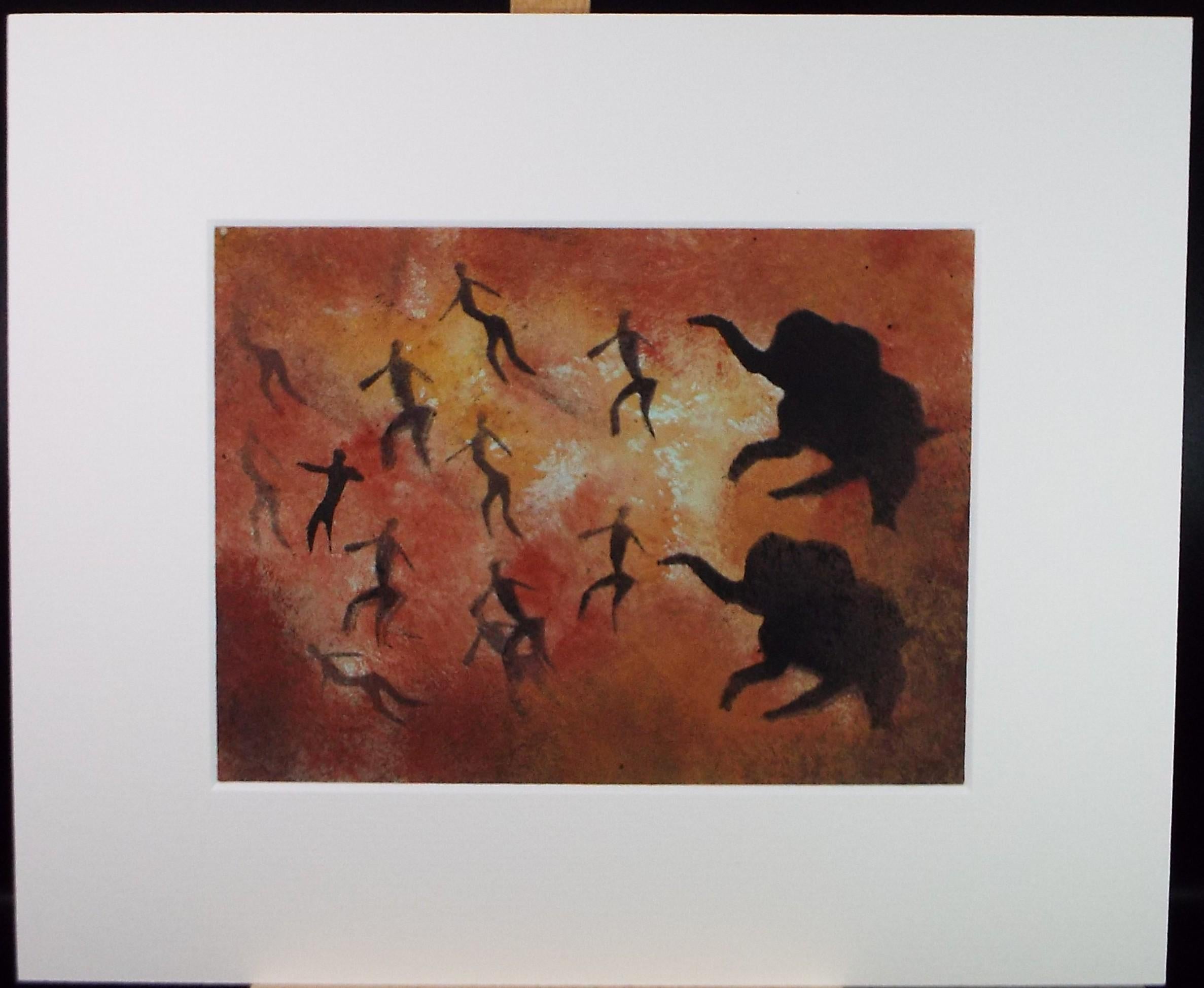 Original Watercolour, 'Cave style painting with Mammoth and figures', Ken Stewart (1926-1991), circa 1960's