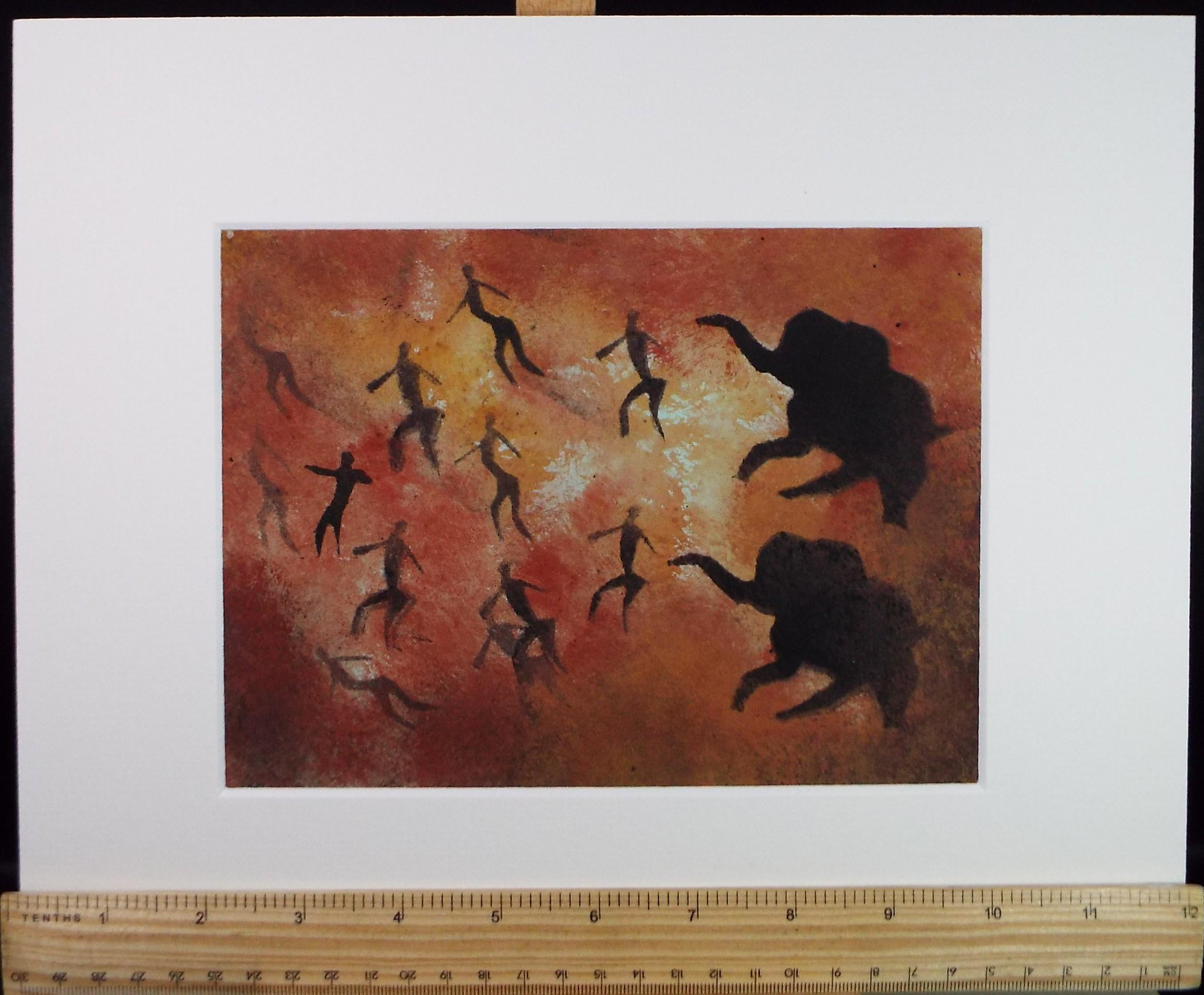 Original Watercolour, 'Cave style painting with Mammoth and figures', Ken Stewart (1926-1991), circa 1960's