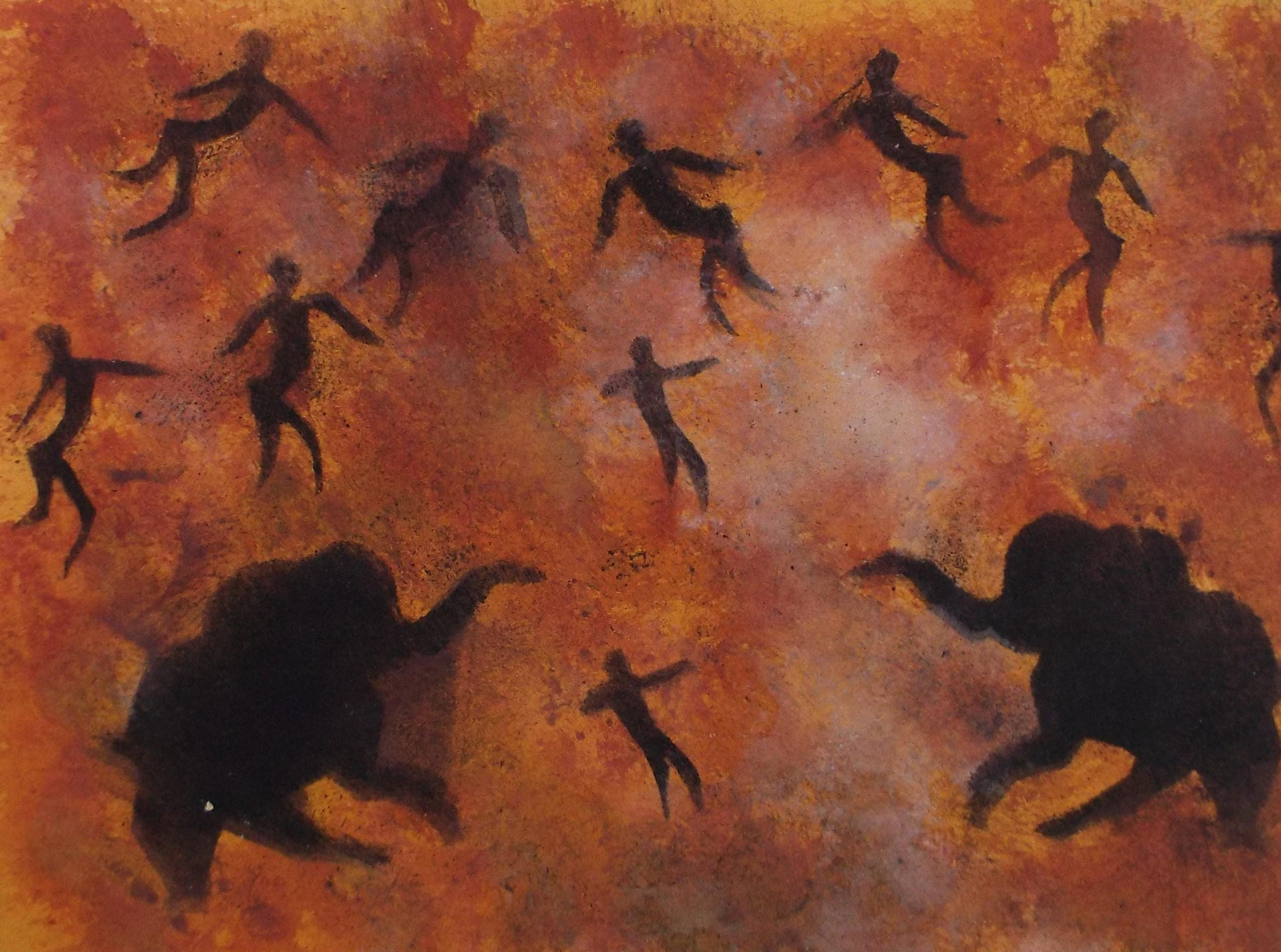 Original Watercolour, 'Cave style painting with Mammoth and figures', Ken Stewart (1926-1991), circa 1960's