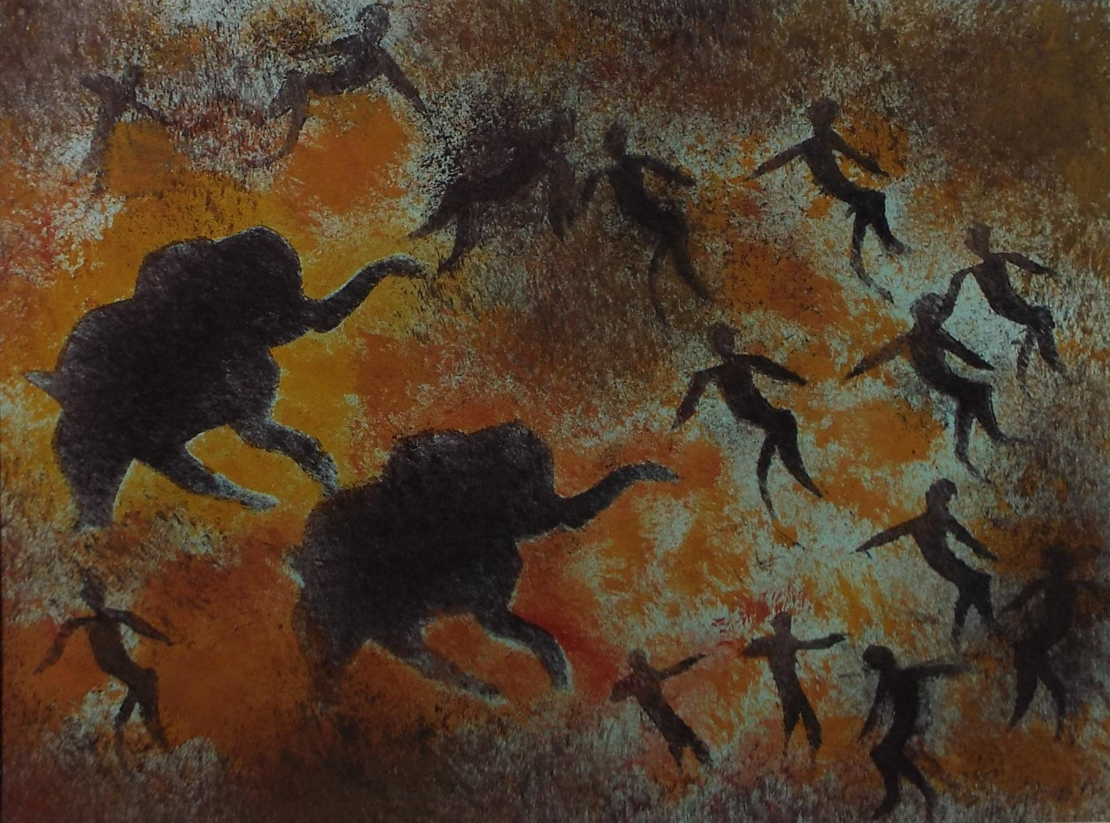 Original Watercolour, 'Cave style painting with Mammoth and figures', Ken Stewart (1926-1991), circa 1960's