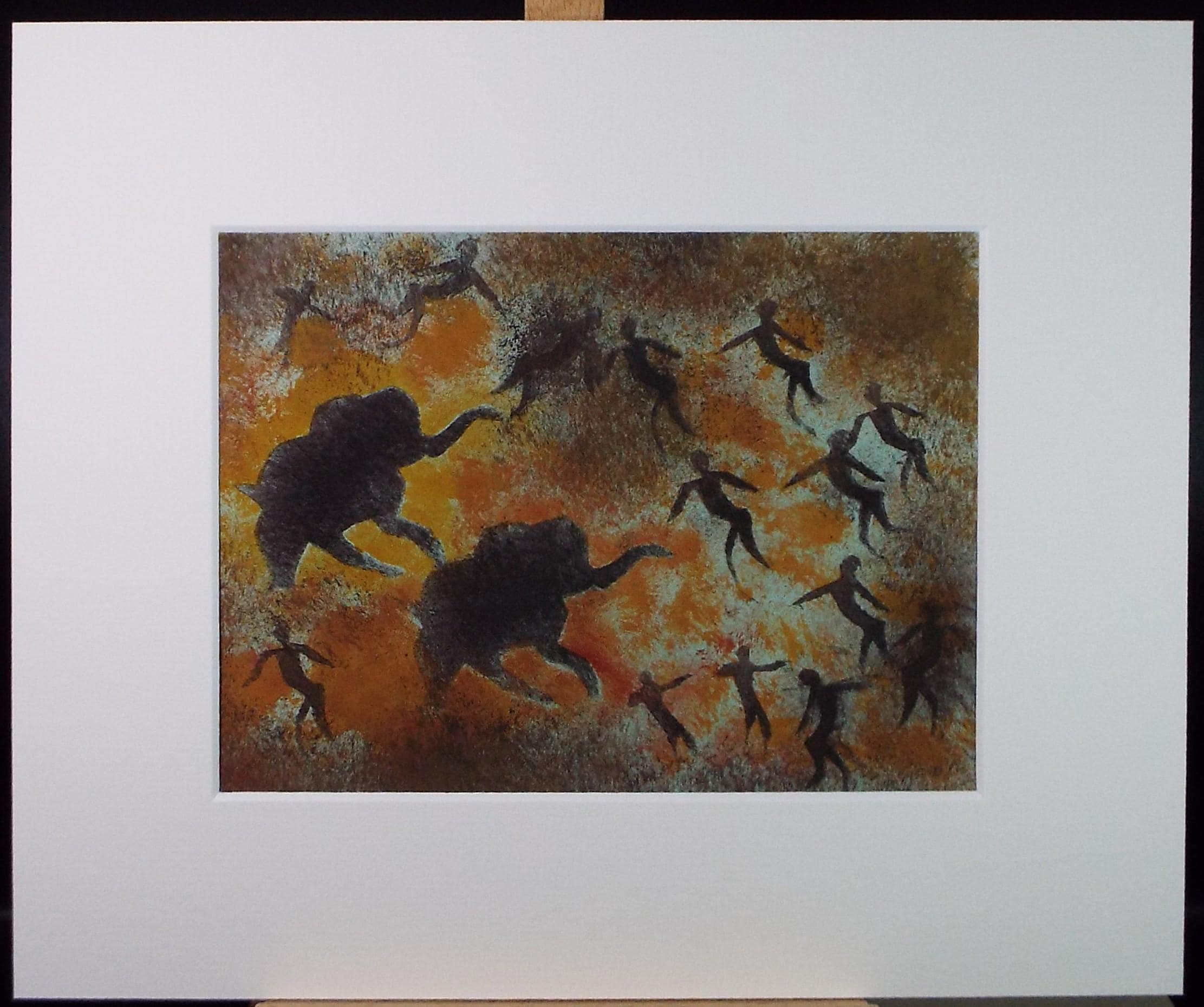 Original Watercolour, 'Cave style painting with Mammoth and figures', Ken Stewart (1926-1991), circa 1960's