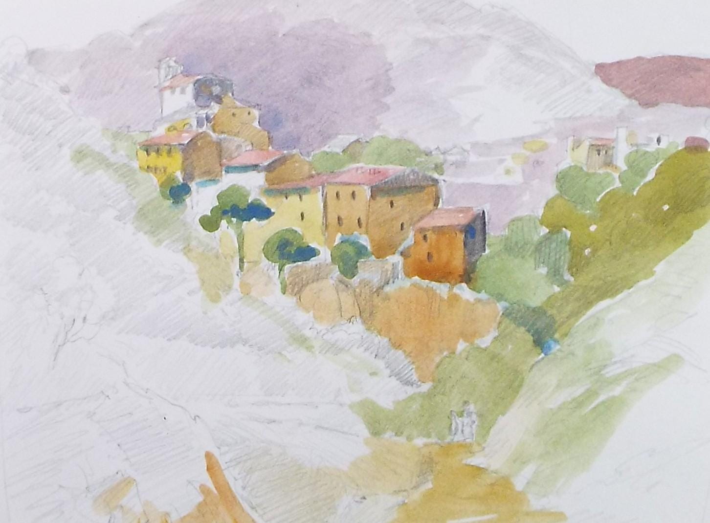 Original Watercolour on Paper, 'French Mountain Village', Unknown Artist, Circa 1980's