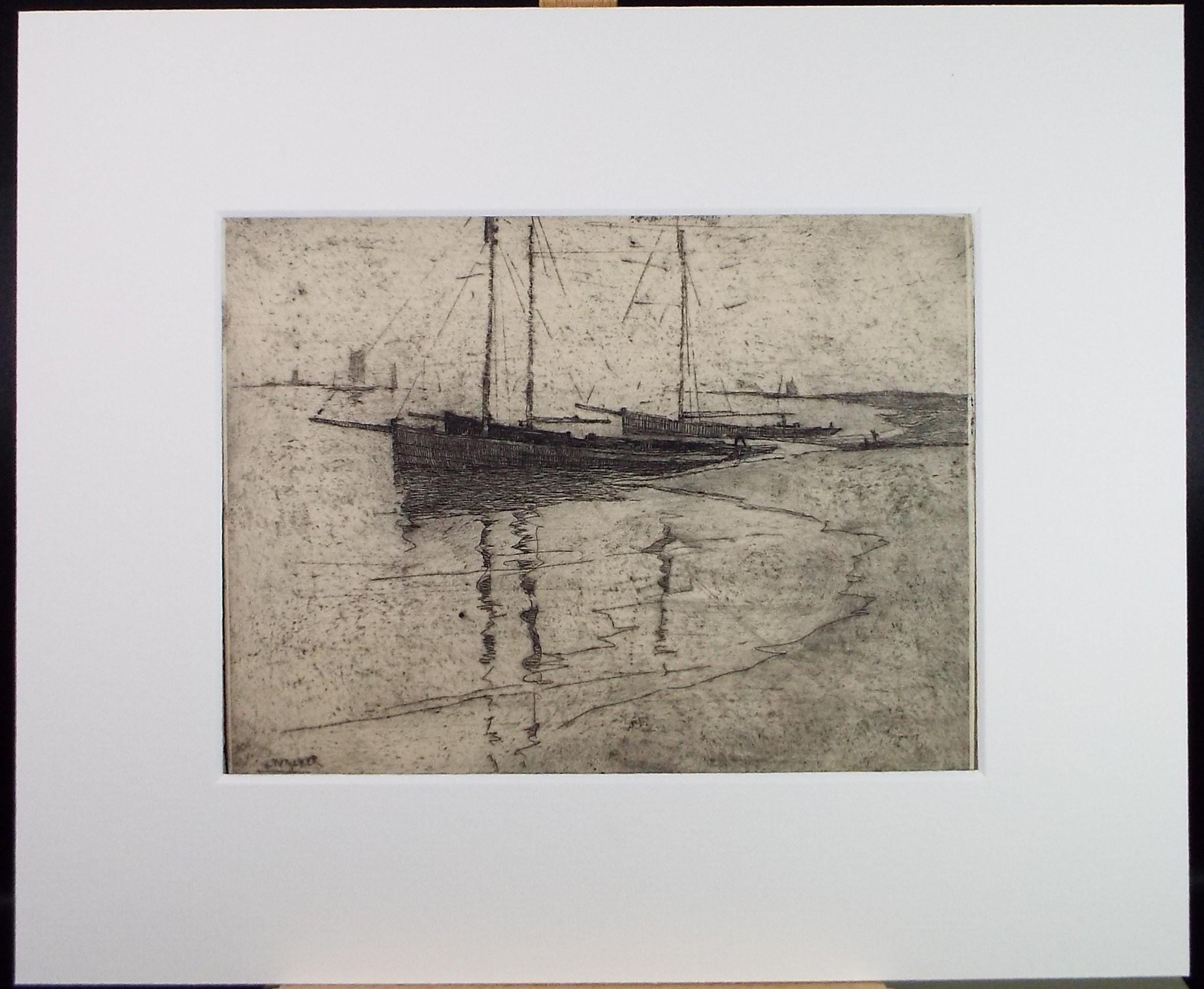 Hand Pressed Etching, 'Boats on the shore', Lawrence Walker (1877-1967), Circa 1920's
