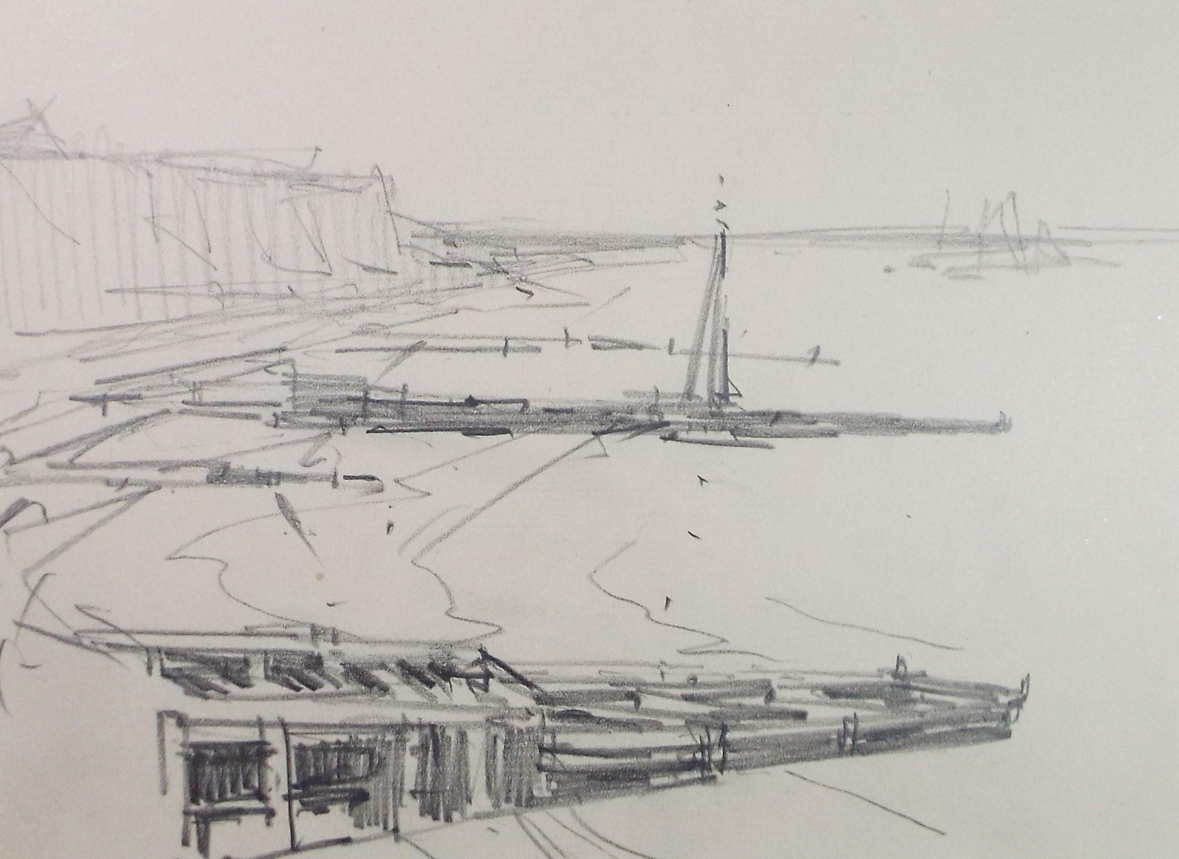 Original Pencil Drawing, 'Coast with Groynes', circa 1920's ,Lawrence Walker (1877-1967)
