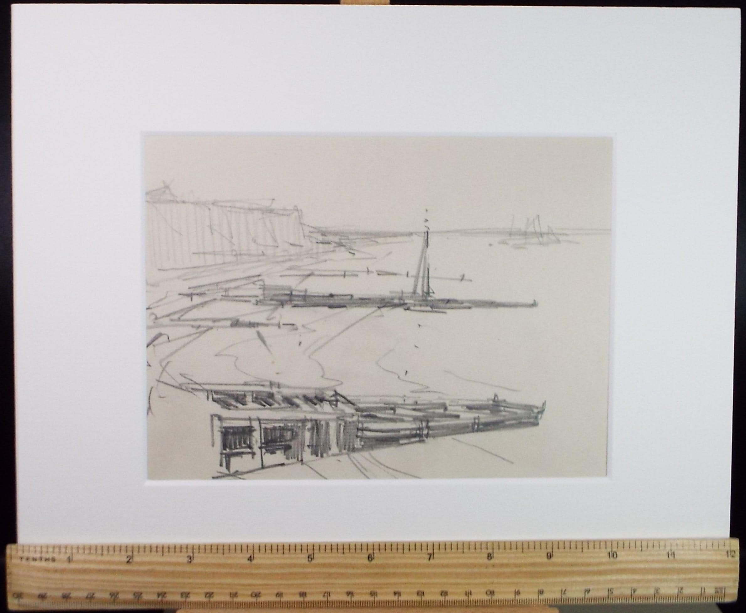 Original Pencil Drawing, 'Coast with Groynes', circa 1920's ,Lawrence Walker (1877-1967)