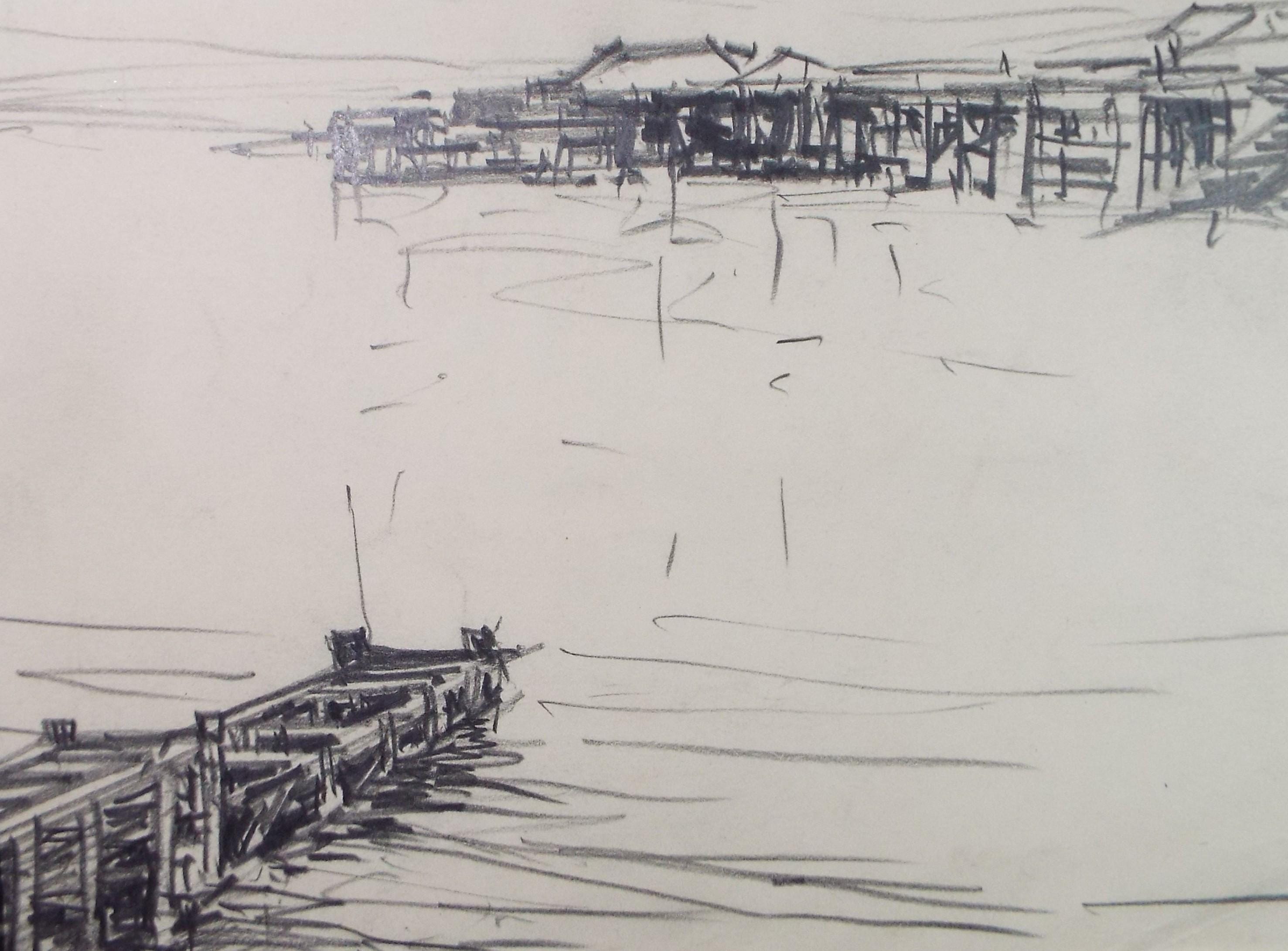 Original Pencil Drawing, 'Timber Piers', circa 1920's ,Lawrence Walker (1877-1967)