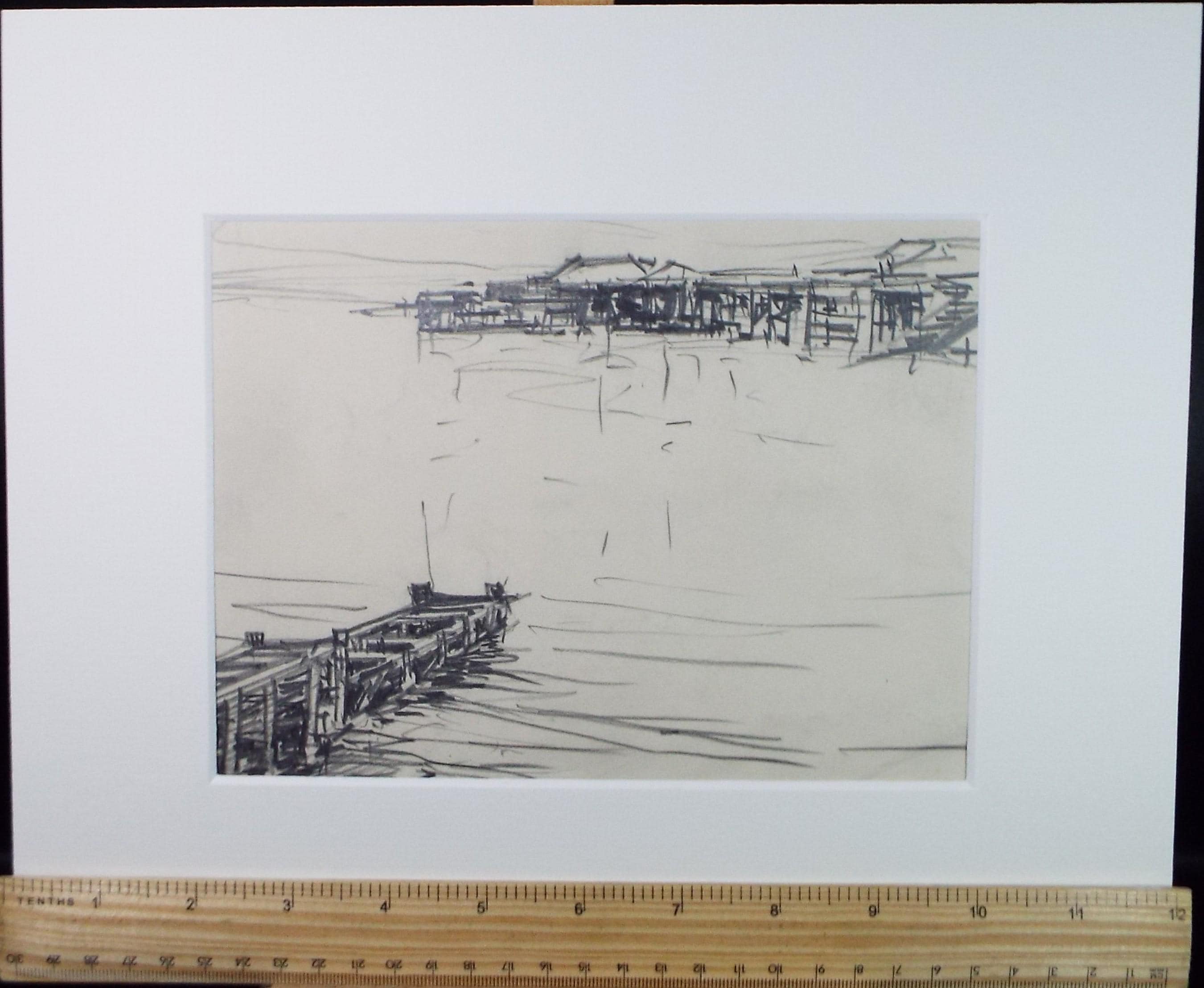 Original Pencil Drawing, 'Timber Piers', circa 1920's ,Lawrence Walker (1877-1967)