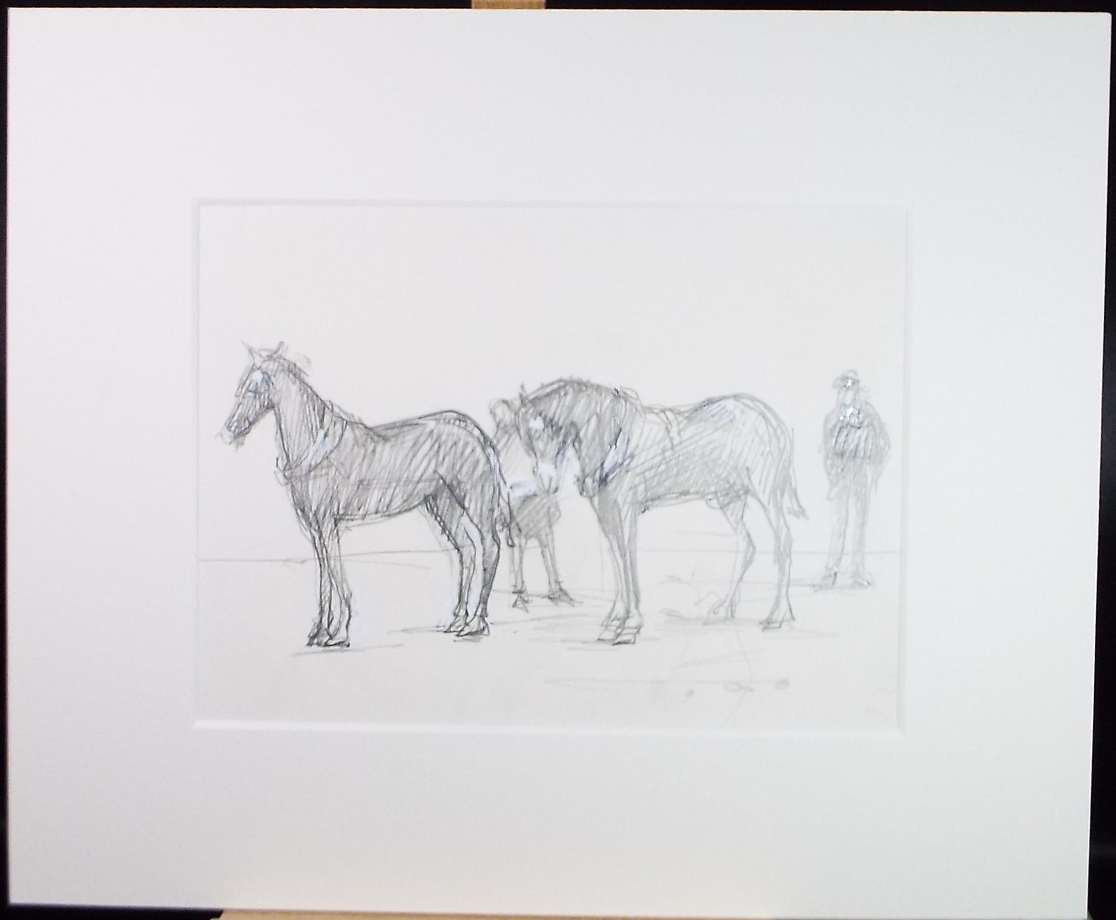 Original Pencil Drawing with white, 'Ponies and figures', Circa 1990's, John Gilby Bowles (1929-2011)