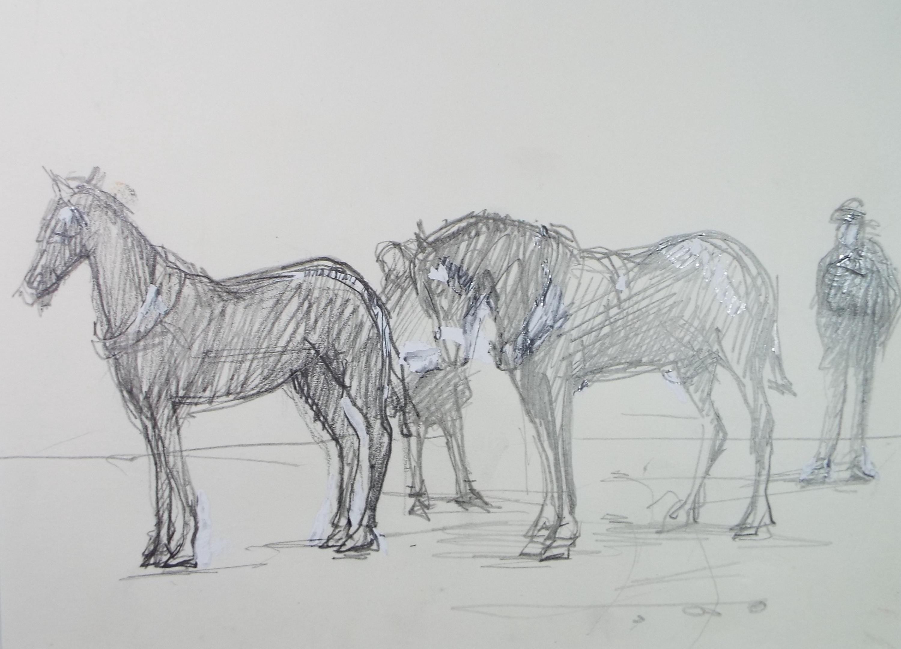 Original Pencil Drawing with white, 'Ponies and figures', Circa 1990's, John Gilby Bowles (1929-2011)