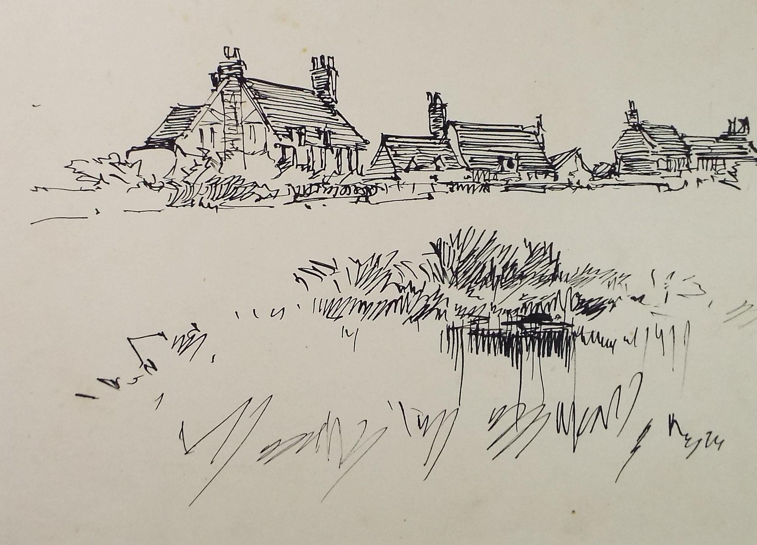 Original Pen & Ink Sketch,'Village Buildings', circa 1920's, Lawrence Walker (1877-1967)