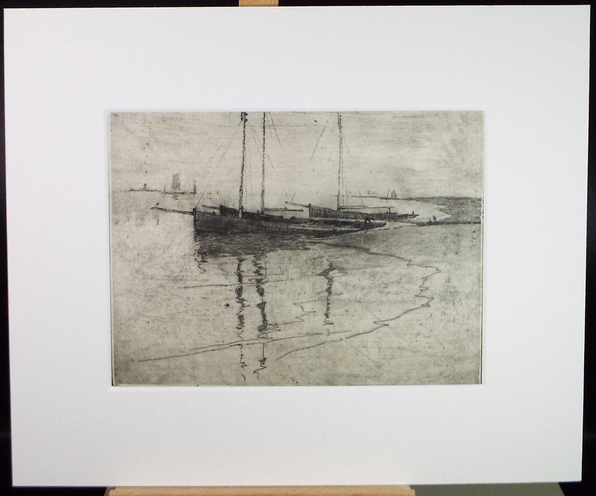 Hand Pressed Etching, 'Boats on the shore', Lawrence Walker (1877-1967), Circa 1920's