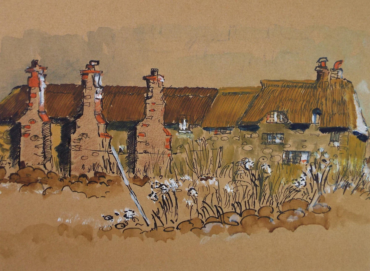 Original Watercolour on Paper, 'Row of Cottages', Circa 1970's, Artist Unknown