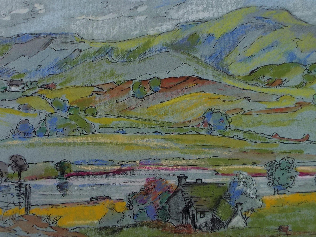 Original Watercolour & Pastel, 'Green Landscape with Farmhouse' Artist Unknown, Circa 1980's