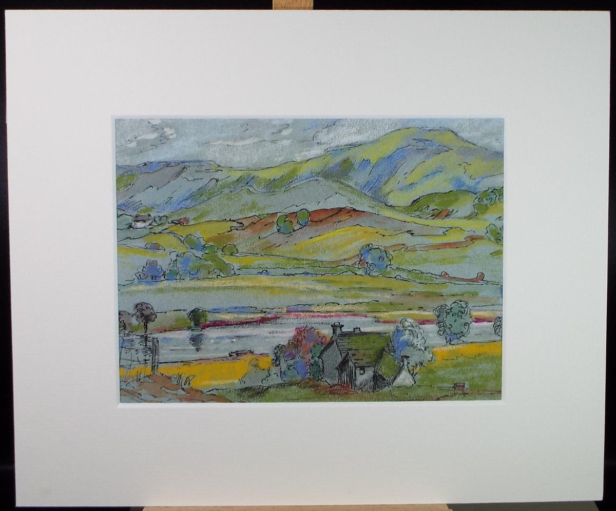 Original Watercolour & Pastel, 'Green Landscape with Farmhouse' Artist Unknown, Circa 1980's
