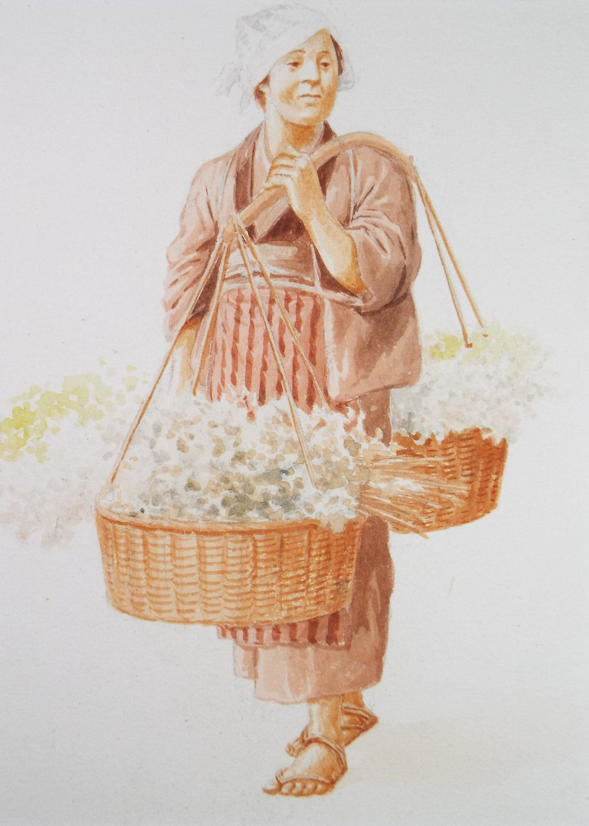 Original Watercolour, 'Japanese figure with baskets', c1960's, Unknown Artist