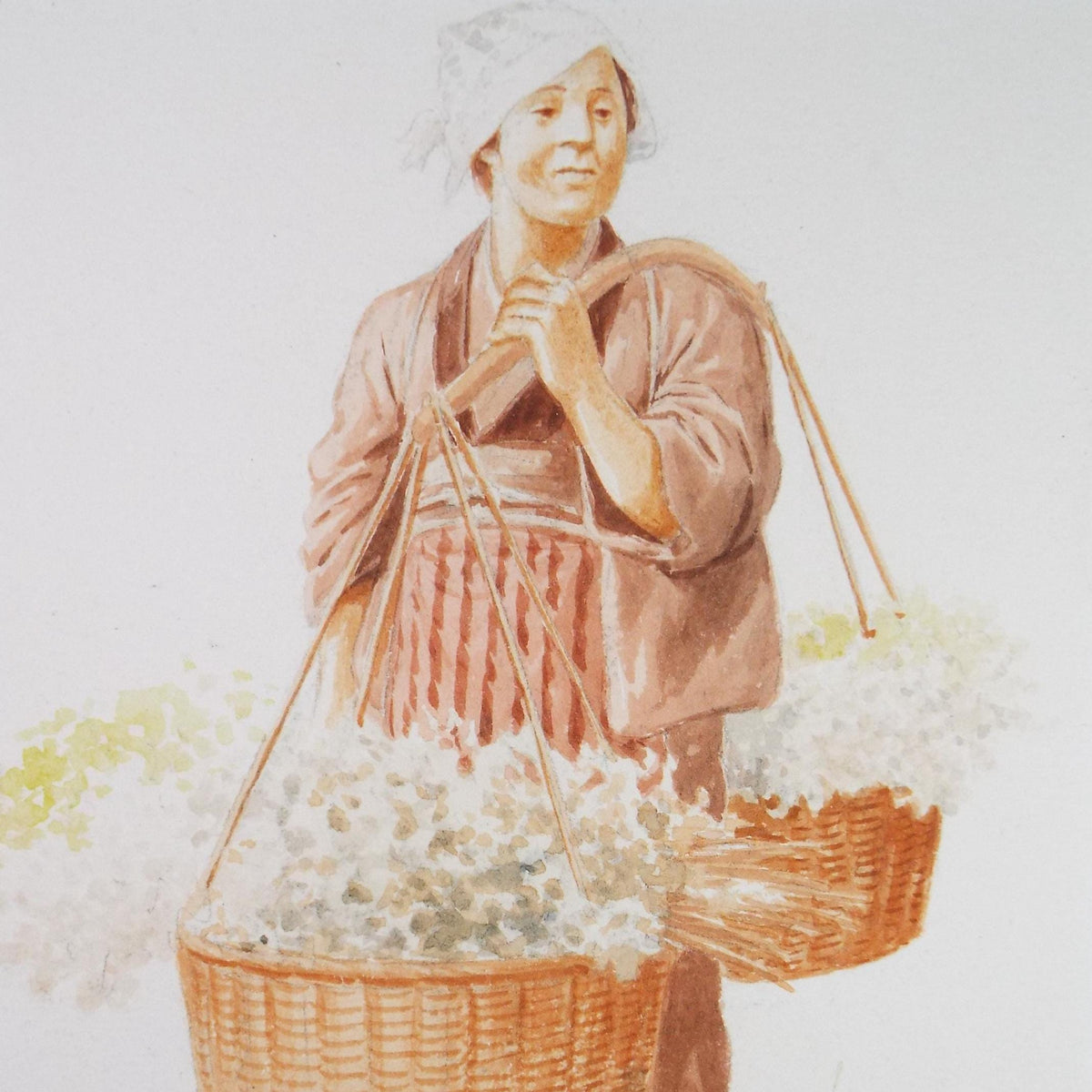 Original Watercolour, 'Japanese figure with baskets', c1960's, Unknown Artist