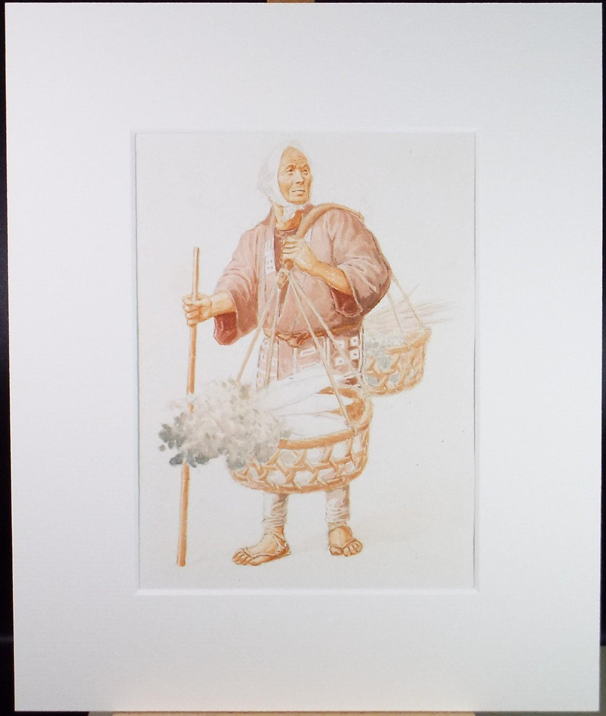 Original Watercolour, 'Japanese figure with baskets', c1960's, Unknown Artist