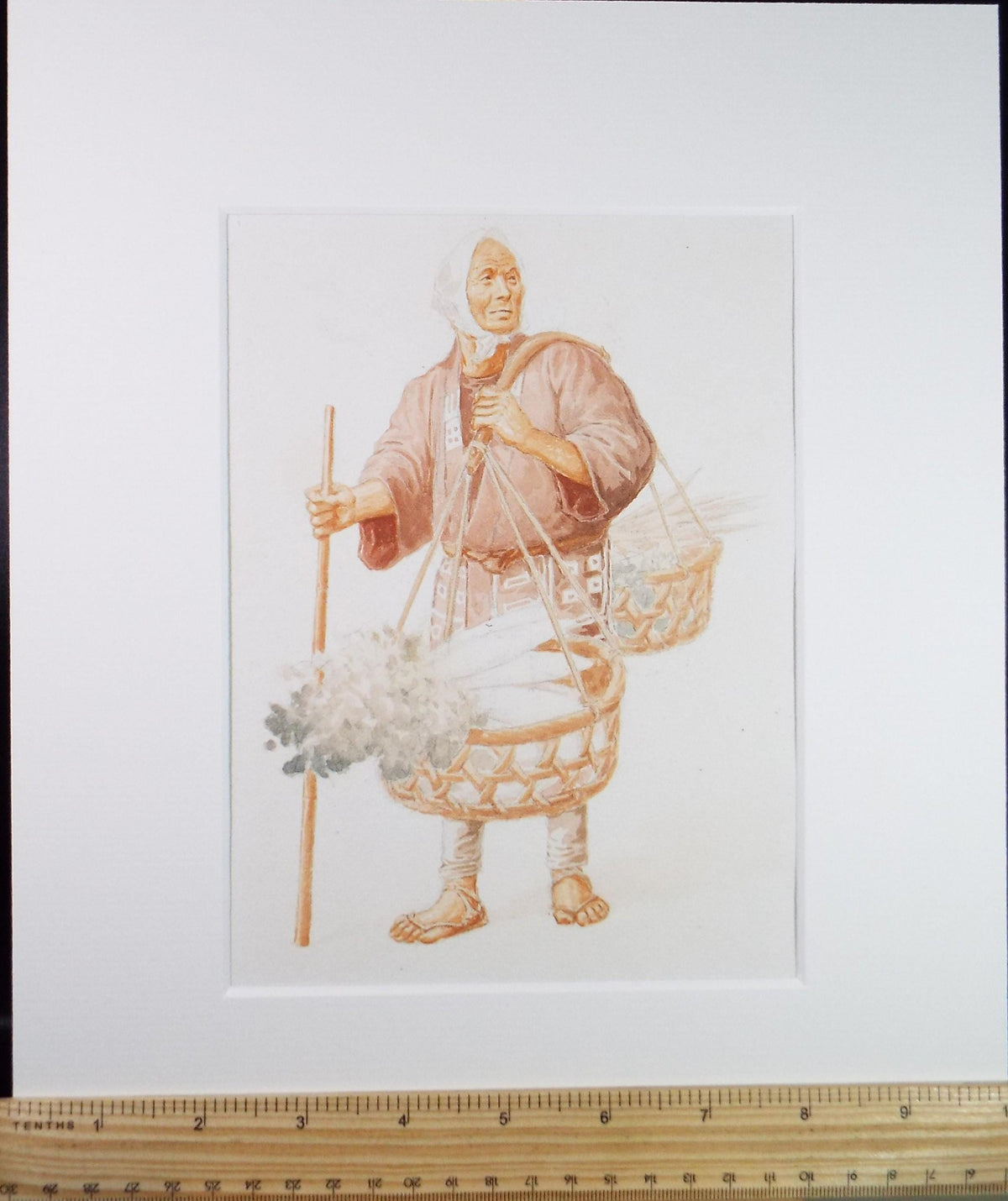 Original Watercolour, 'Japanese figure with baskets', c1960's, Unknown Artist